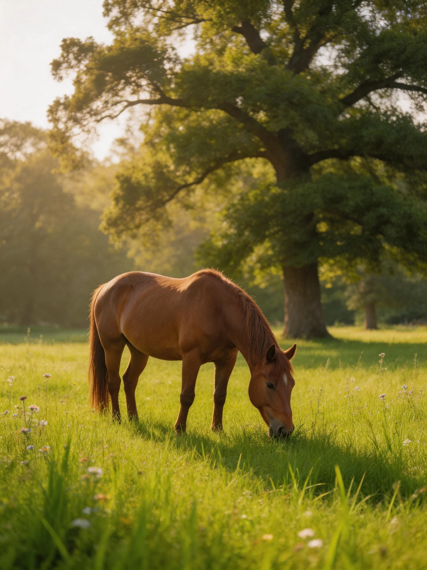 A chestnut horse grazes in a sun-drenched meadow beside large oak trees