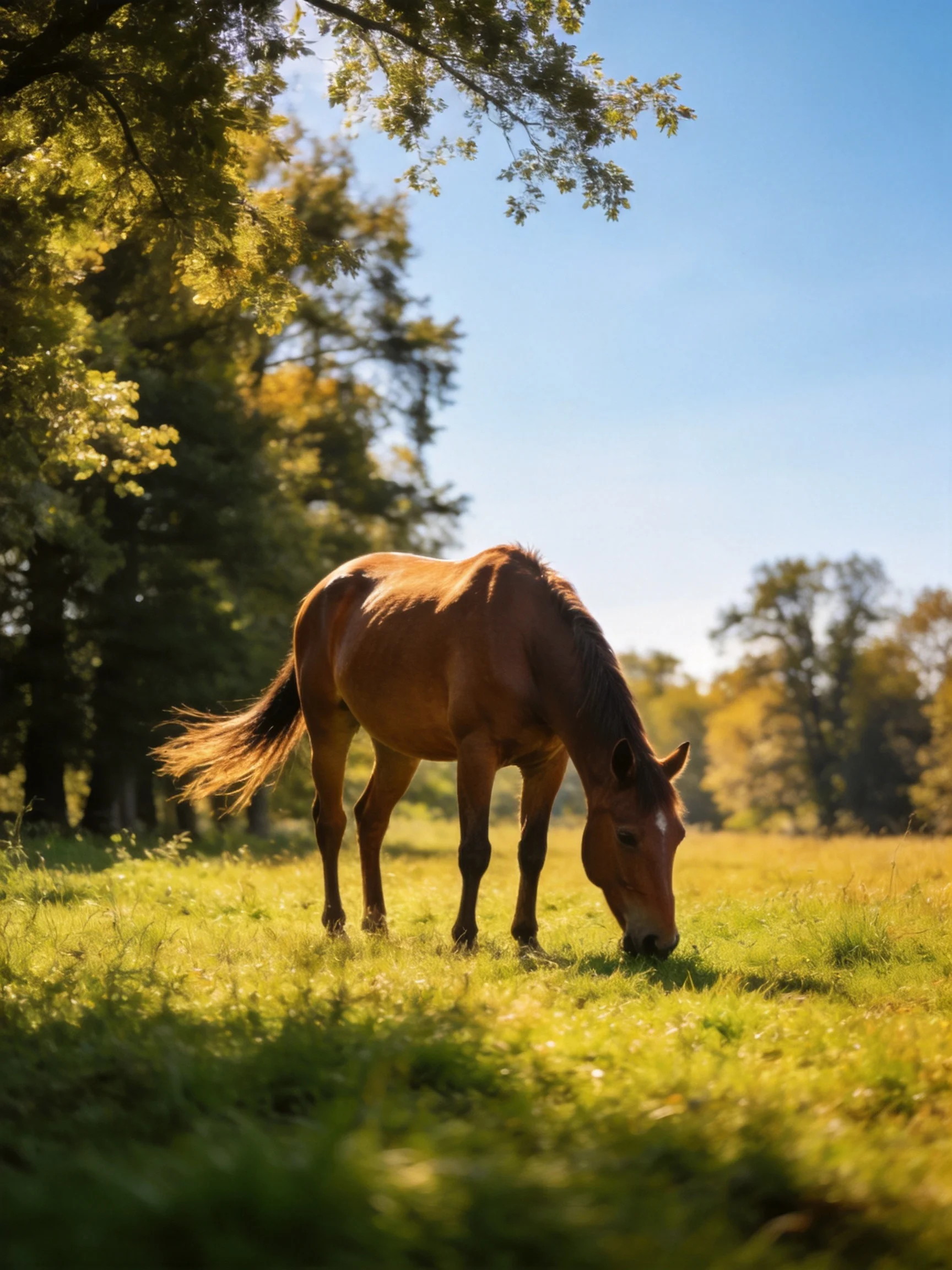 A chestnut horse grazes in a sun-drenched meadow near tall trees