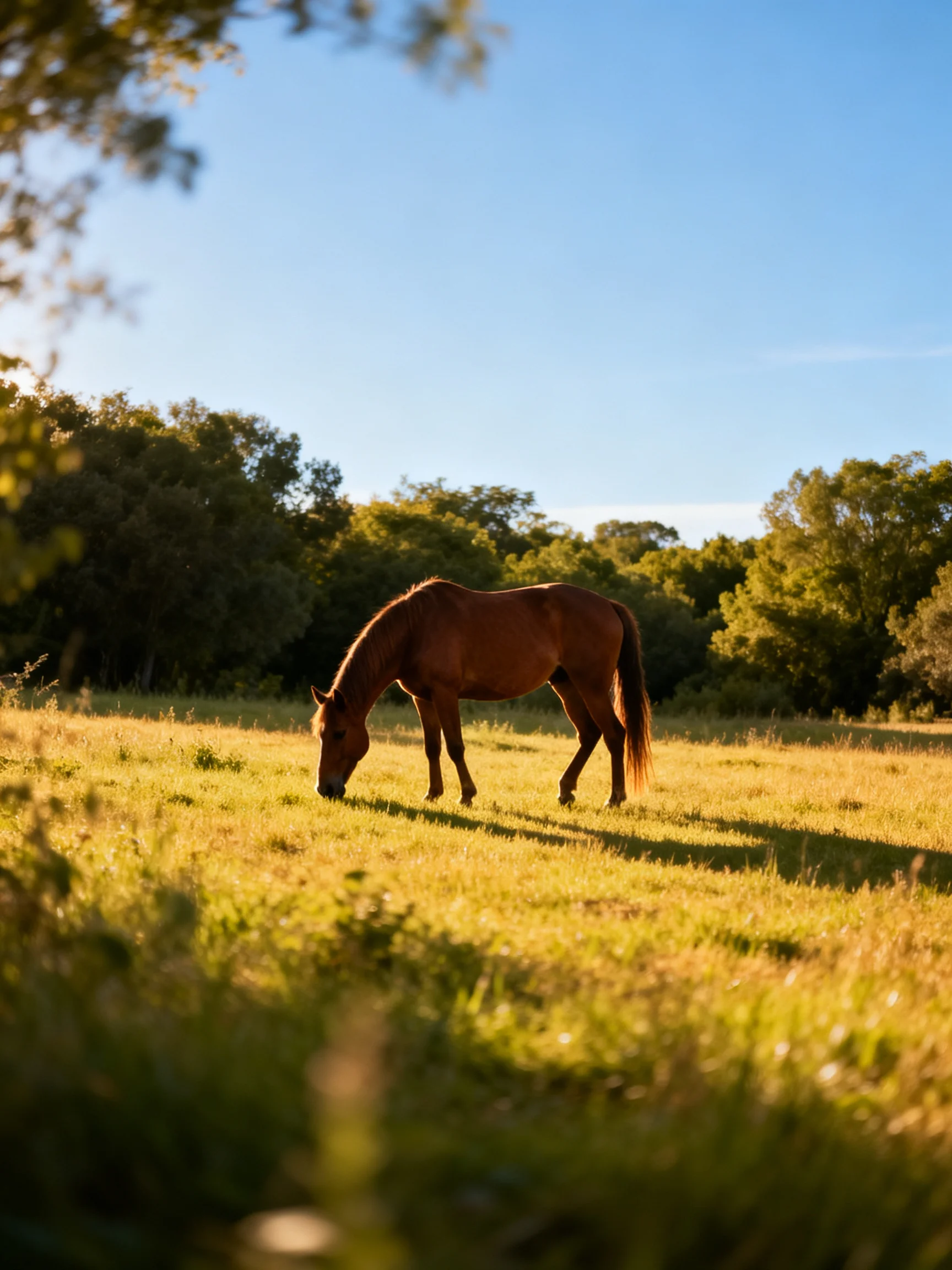 A chestnut horse grazes in a sun-drenched meadow with distant green trees