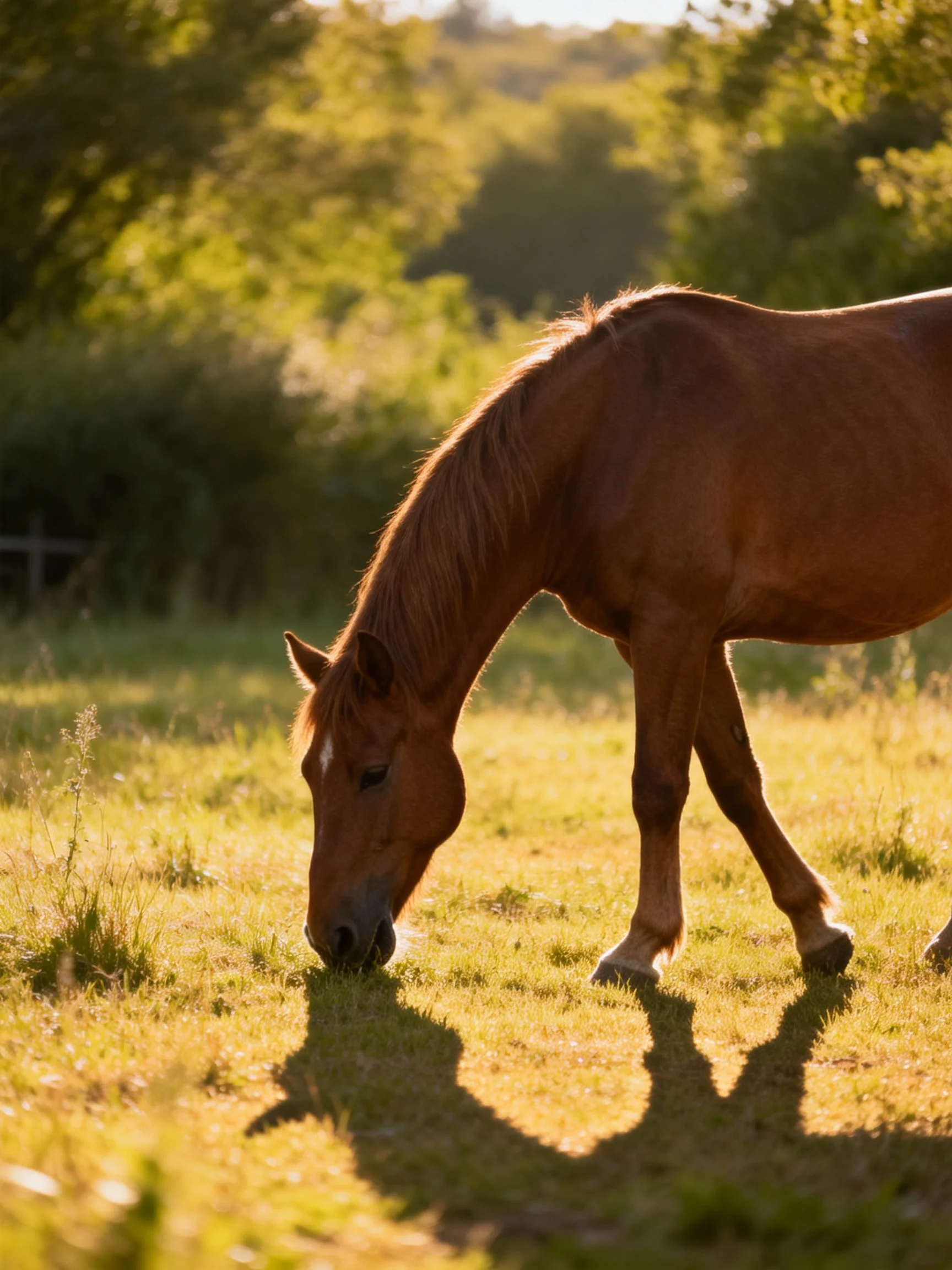 A chestnut horse grazes in a sun-drenched meadow with lush greenery