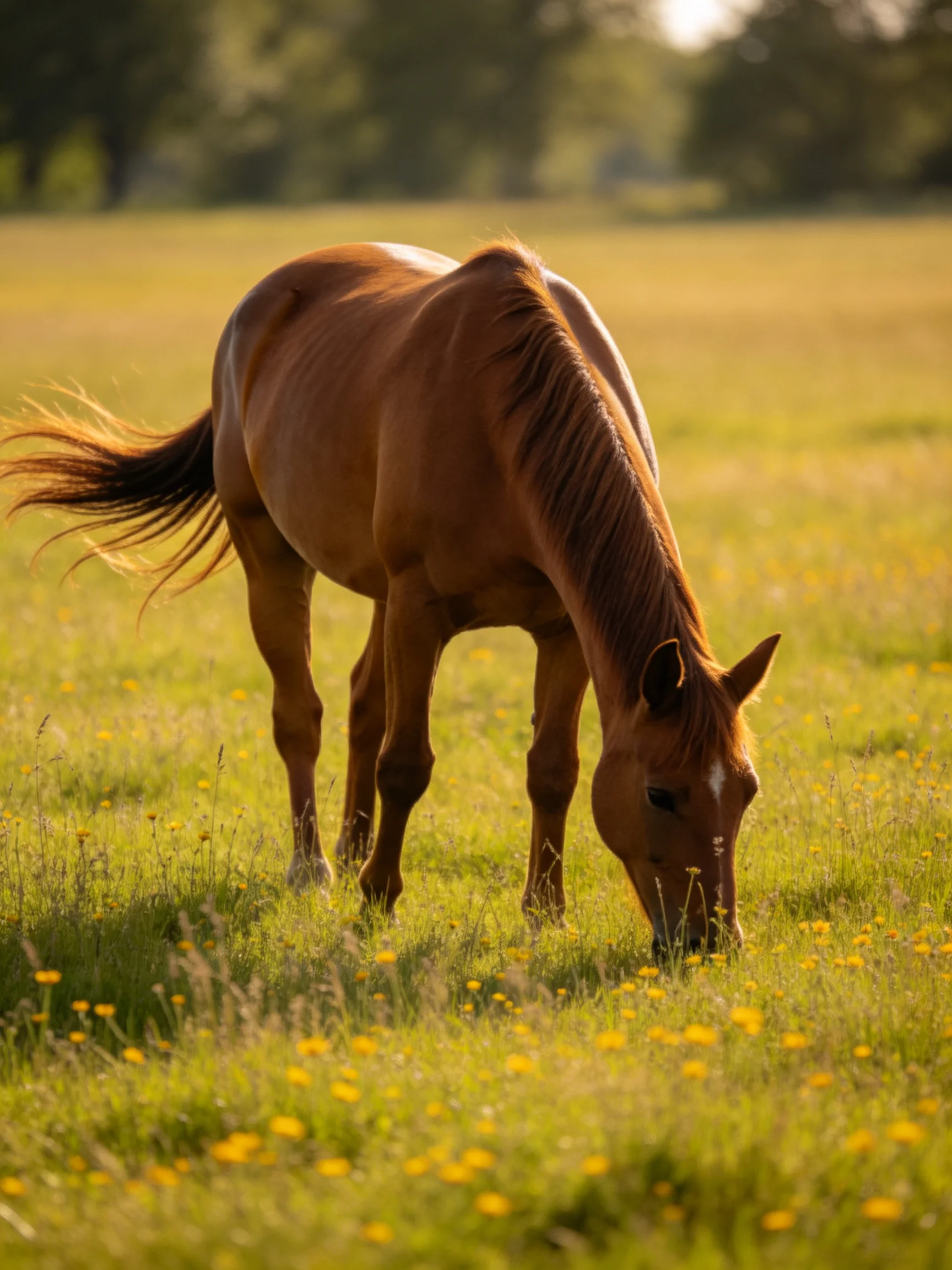 A chestnut horse grazes in a sun-drenched meadow with yellow wildflowers