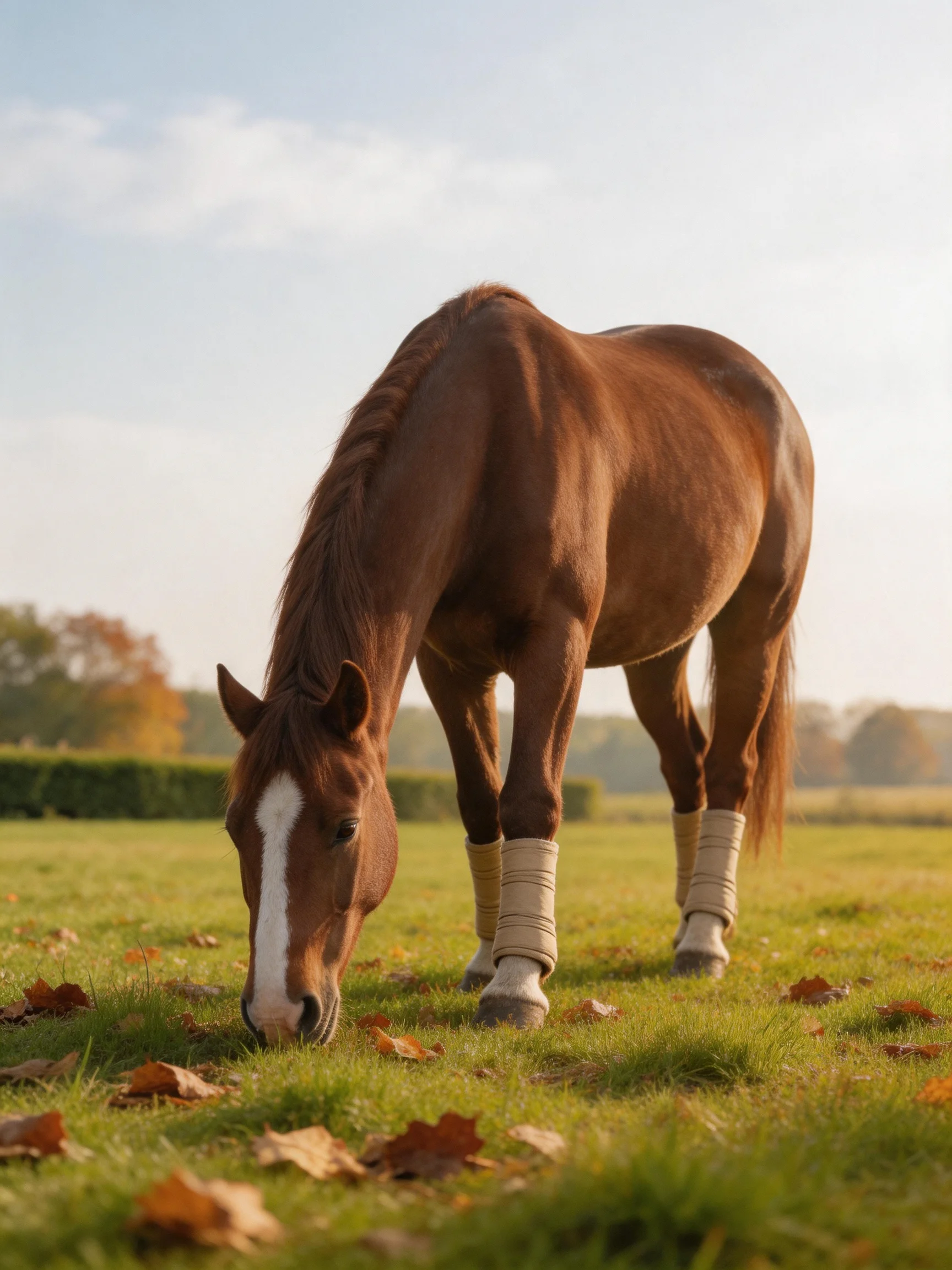 A chestnut horse grazes in a sunlit meadow with scattered autumn leaves.