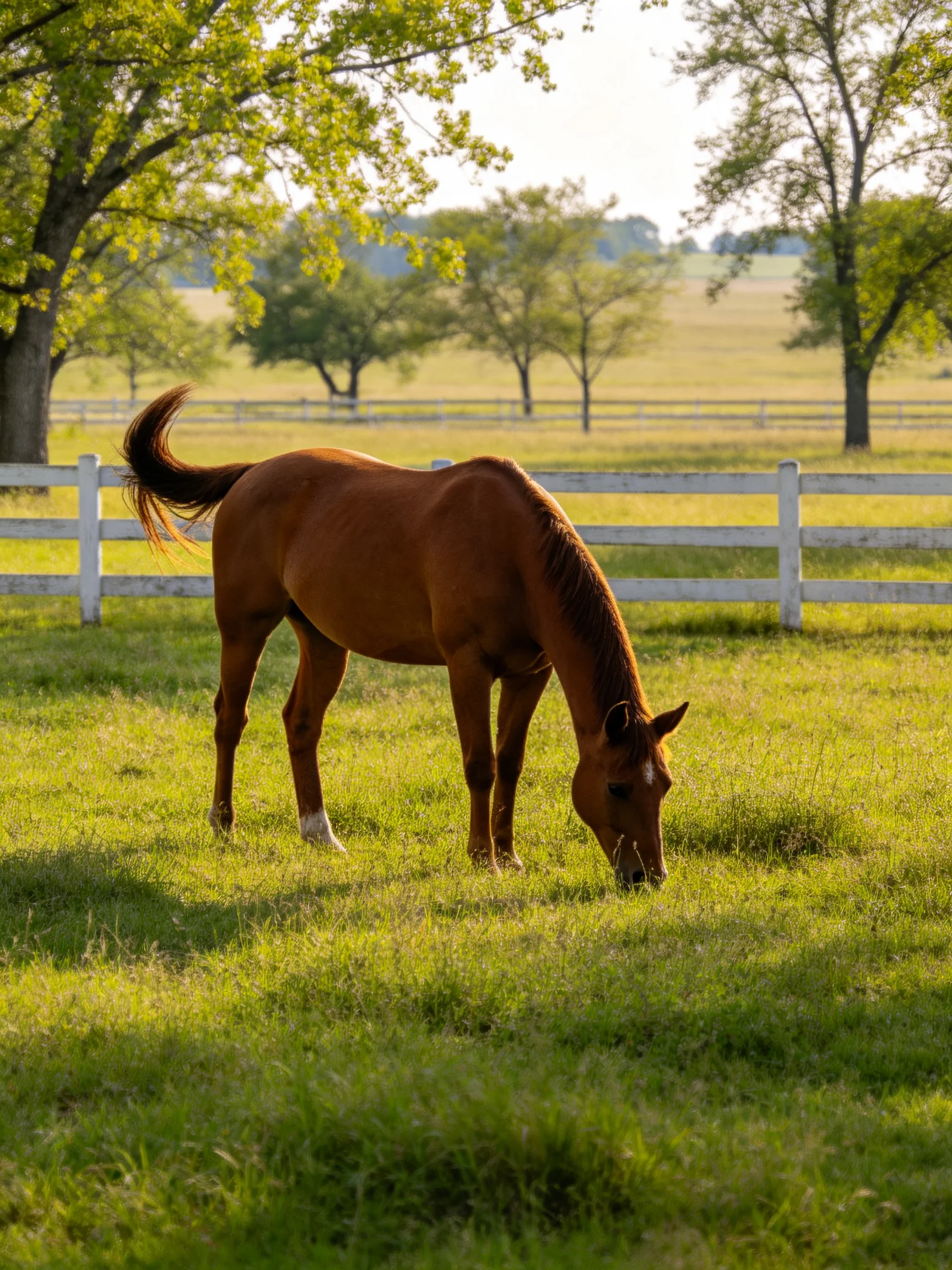 A chestnut horse grazes in a sunlit fenced pasture.