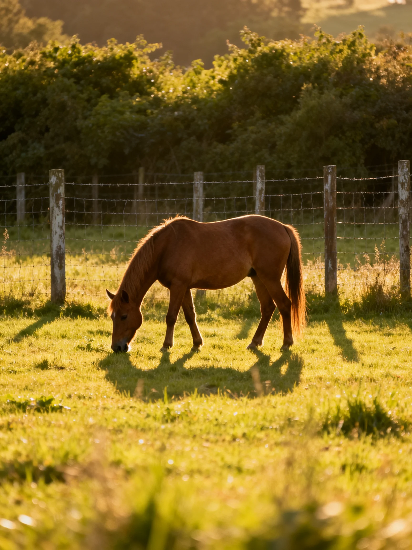 A chestnut horse grazes in a sunlit fenced pasture.