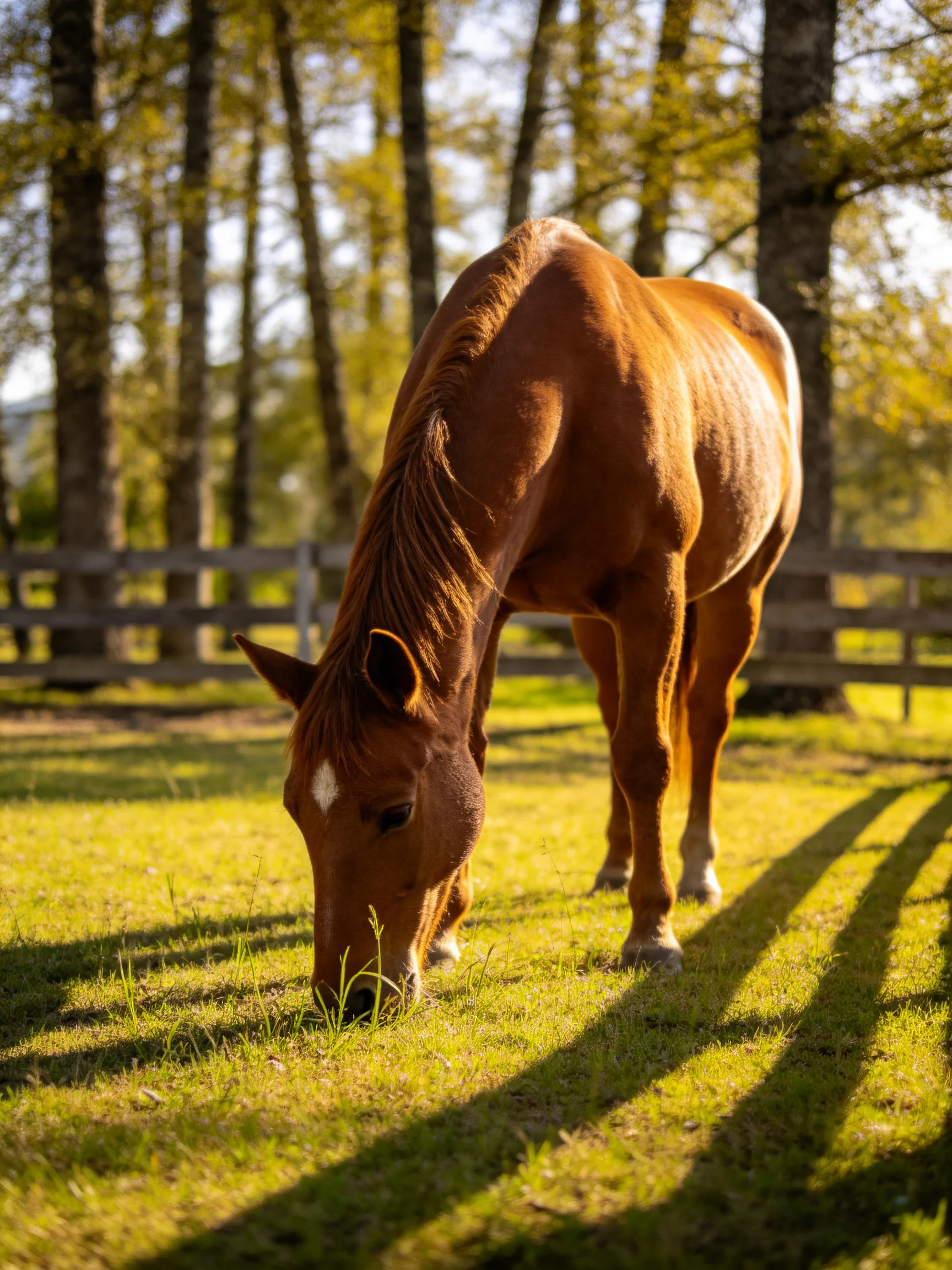 A brown horse eats grass in a fenced area surrounded by trees