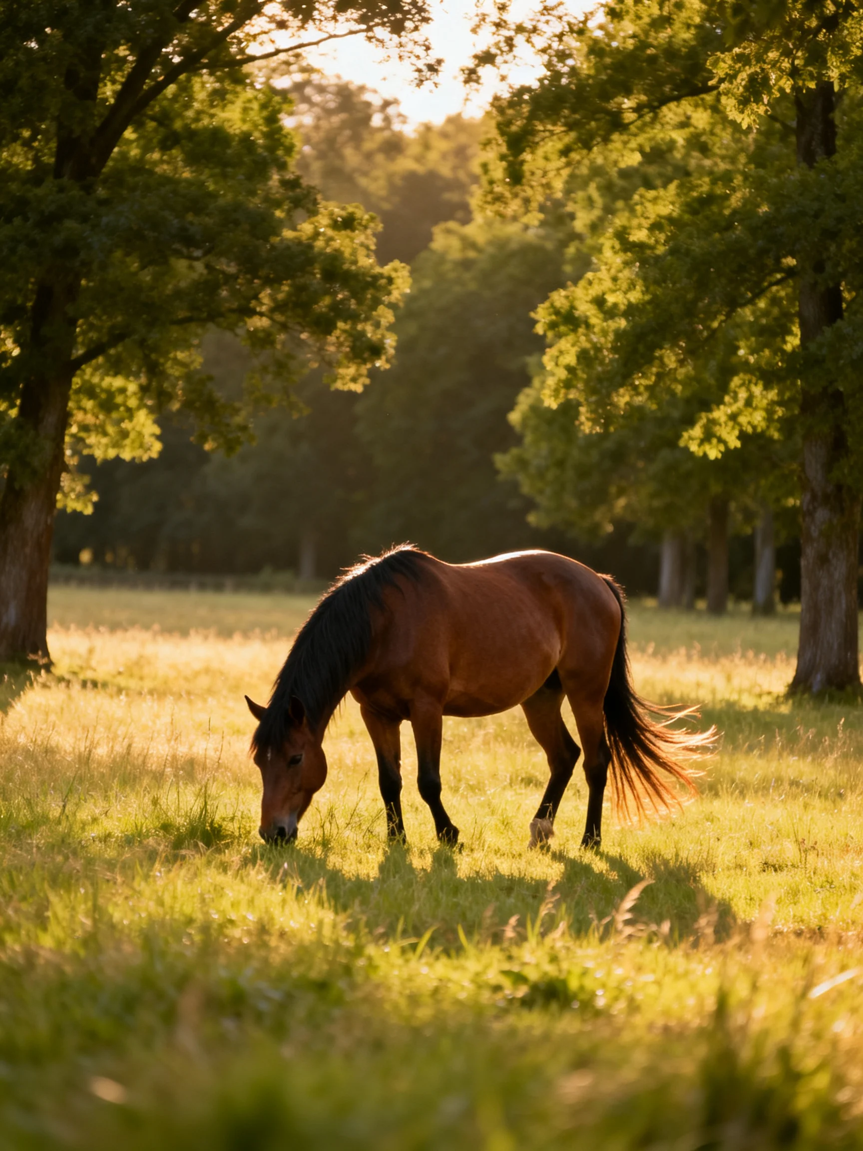 A chestnut horse grazes in a sunlit forest clearing