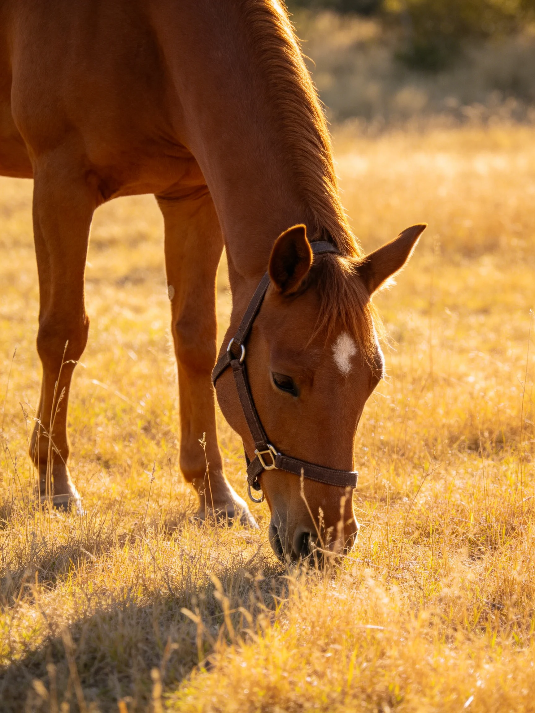 A chestnut horse grazes in a sunlit golden meadow
