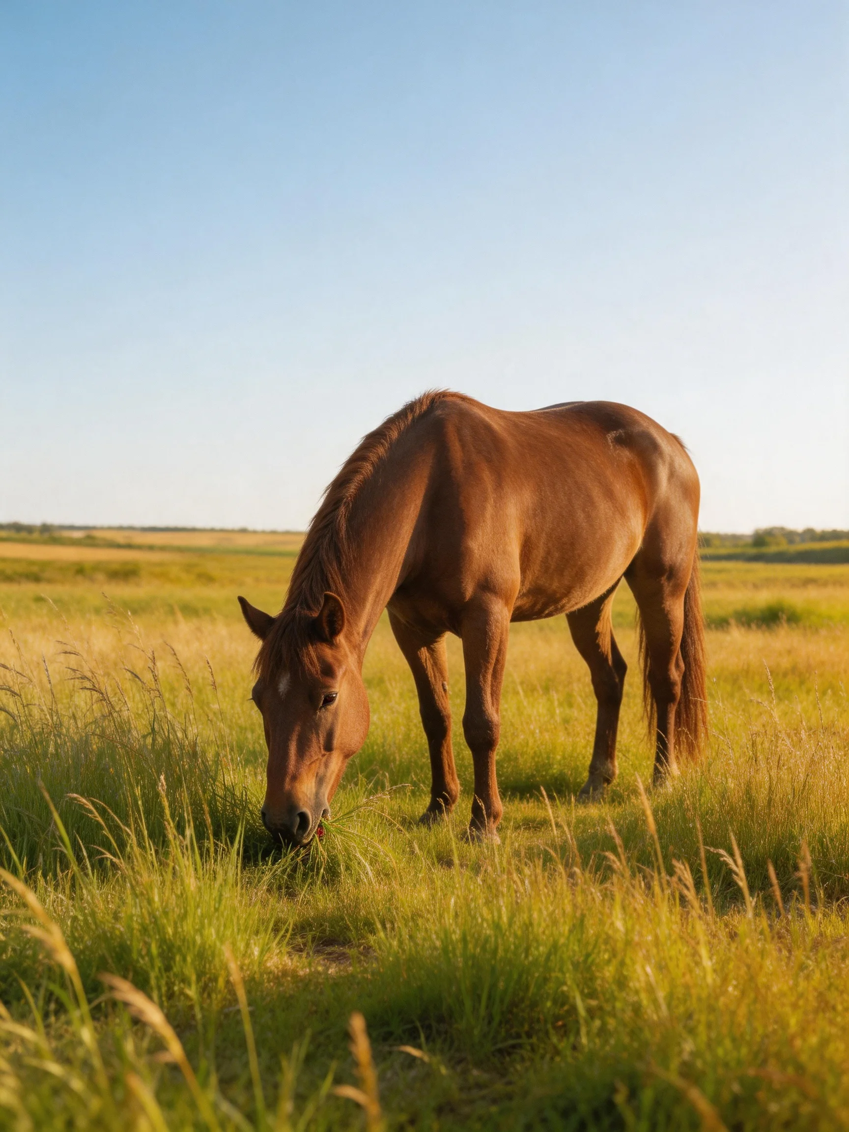 A chestnut horse grazes in a sunlit golden meadow