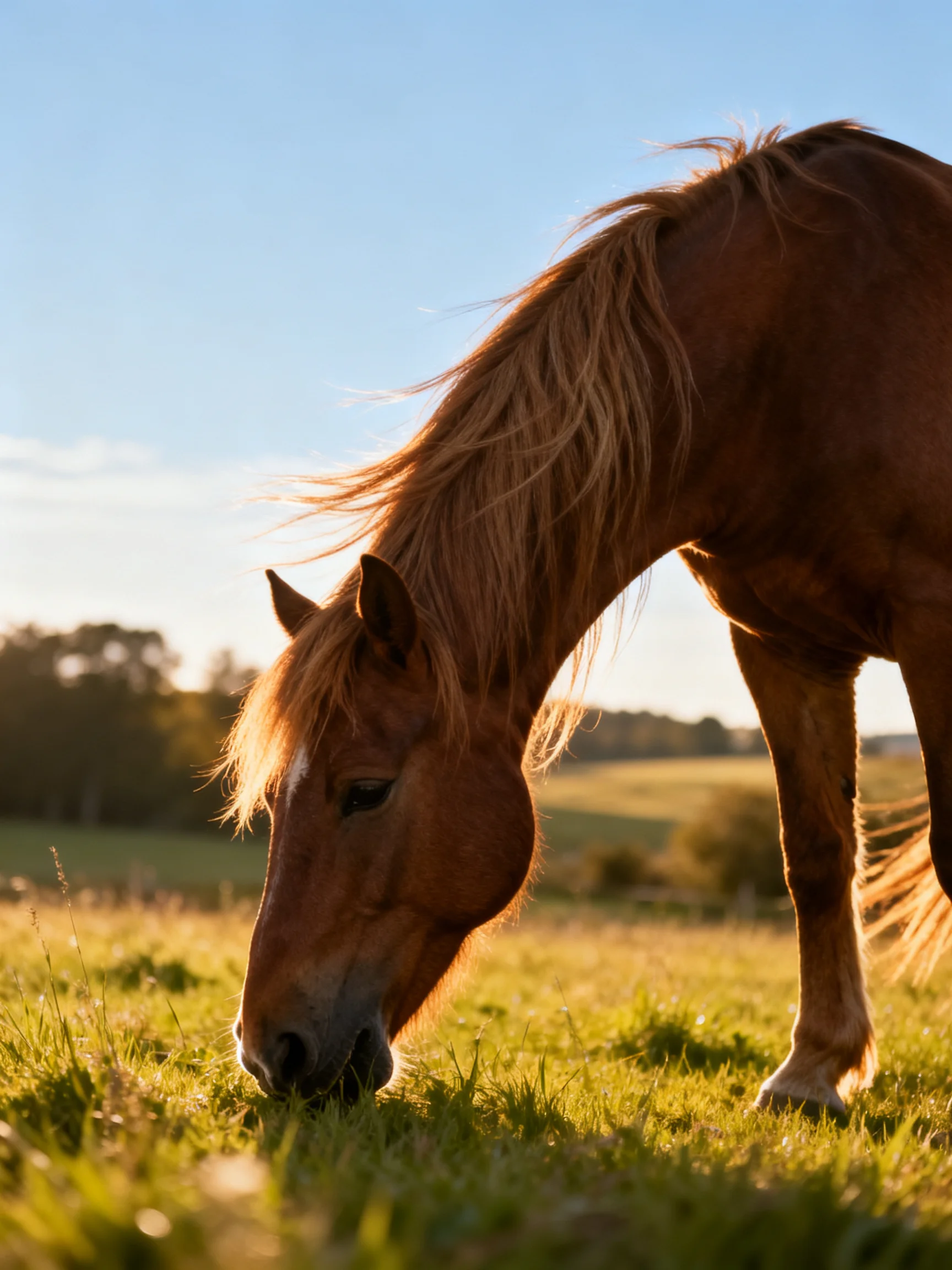 A chestnut horse grazes in a sunlit green meadow