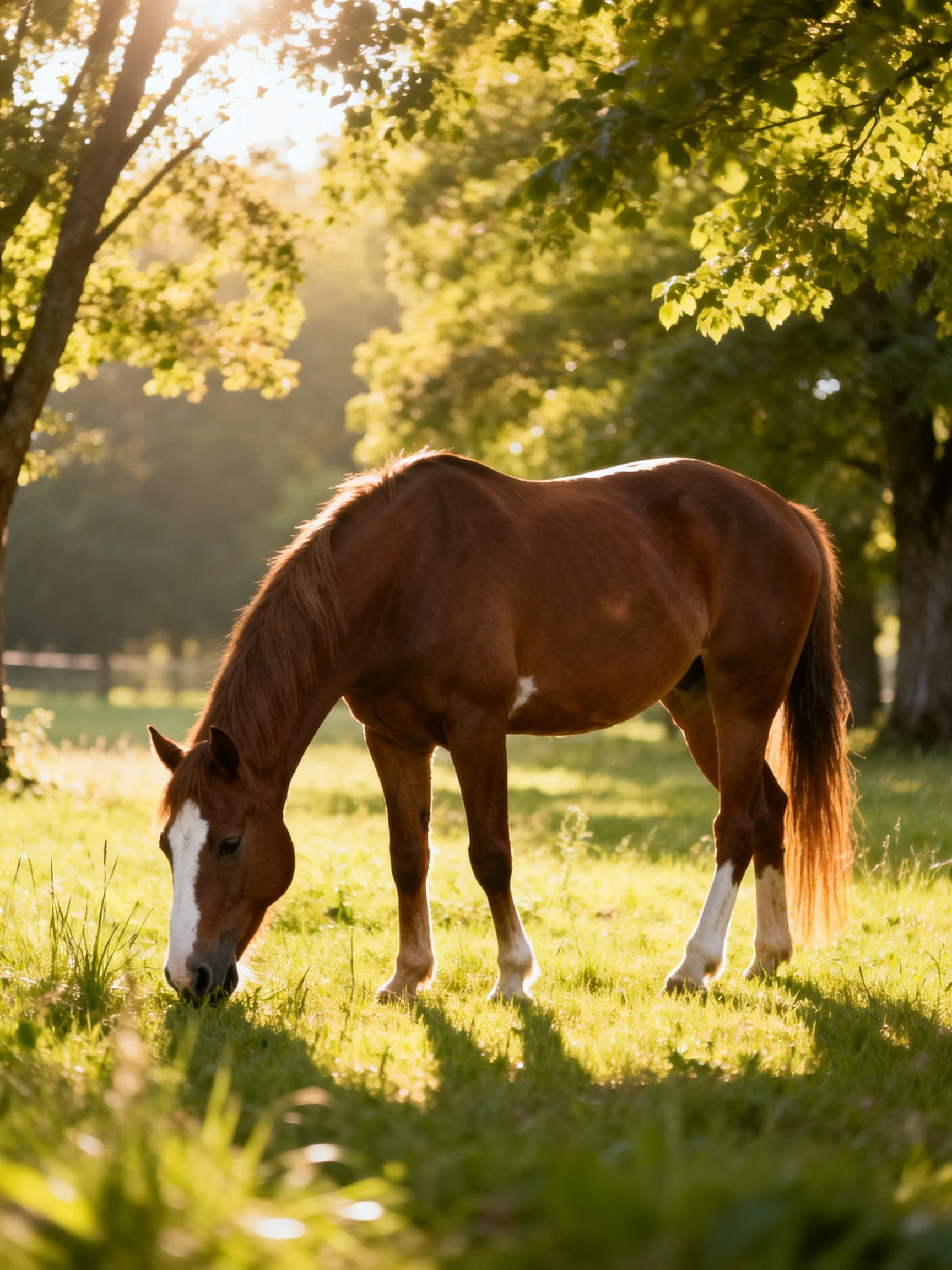 A chestnut horse grazes in a sunlit green meadow