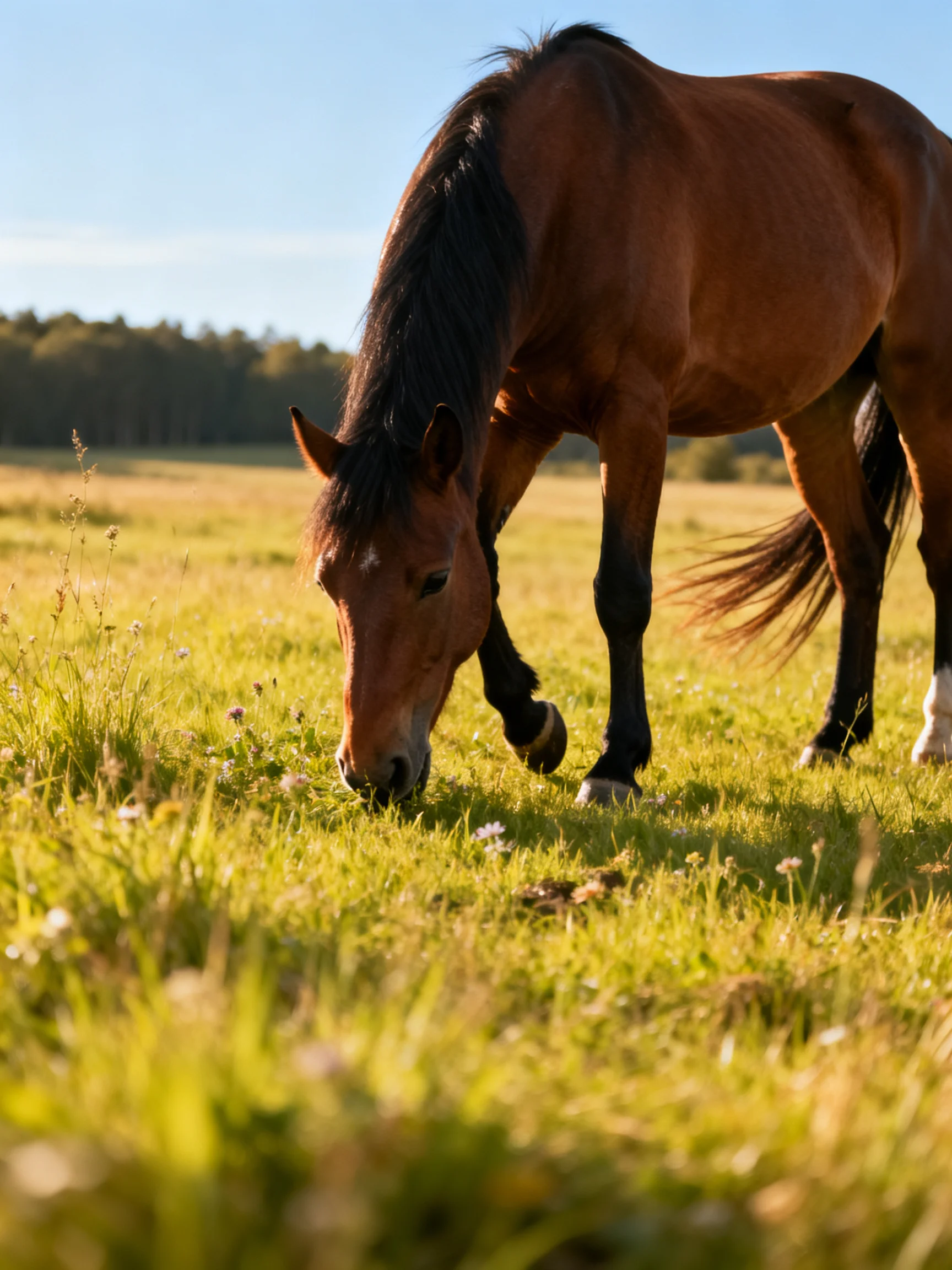A chestnut horse grazes in a sunlit meadow.