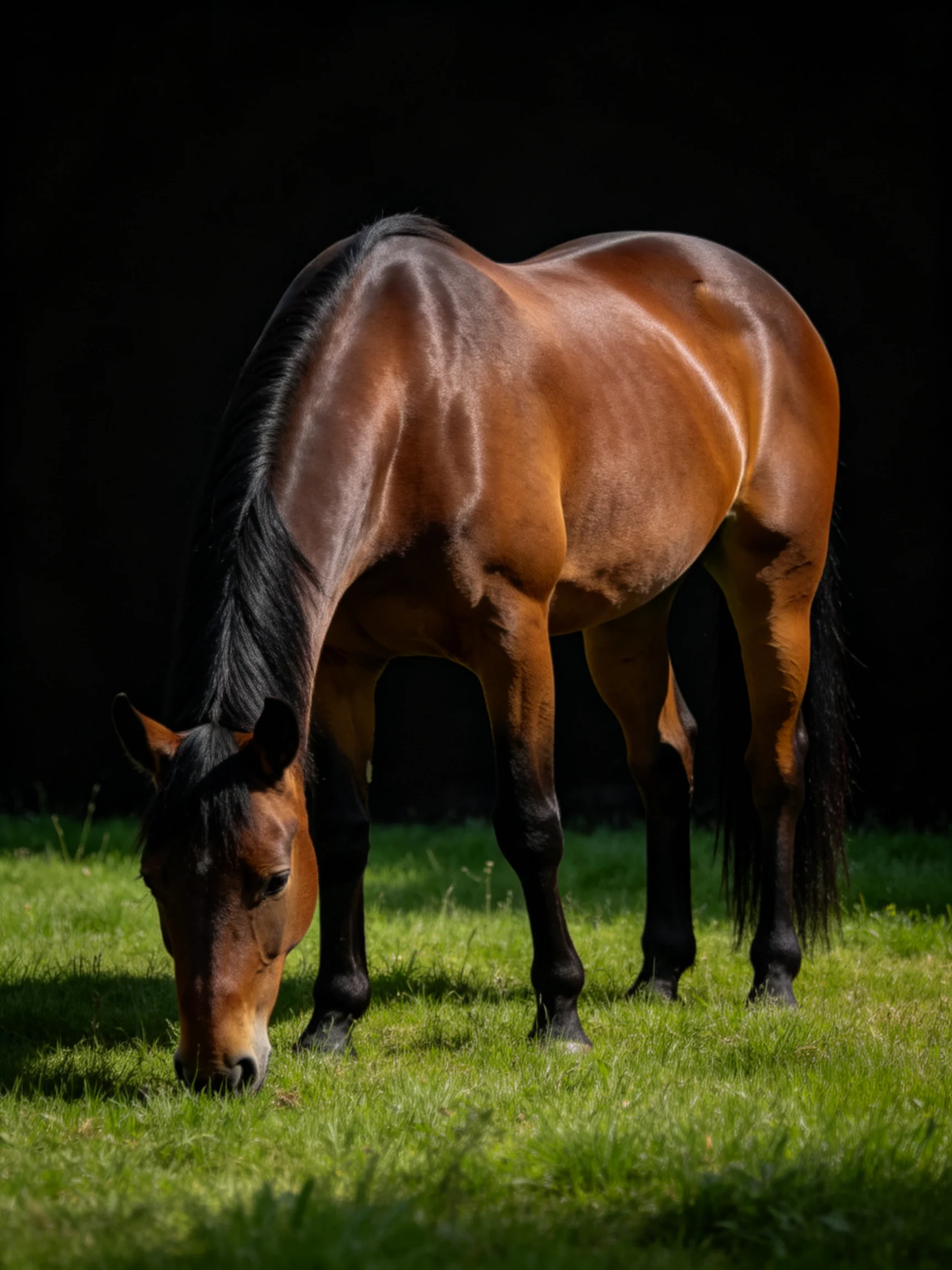 A chestnut horse grazes in a sunlit green meadow