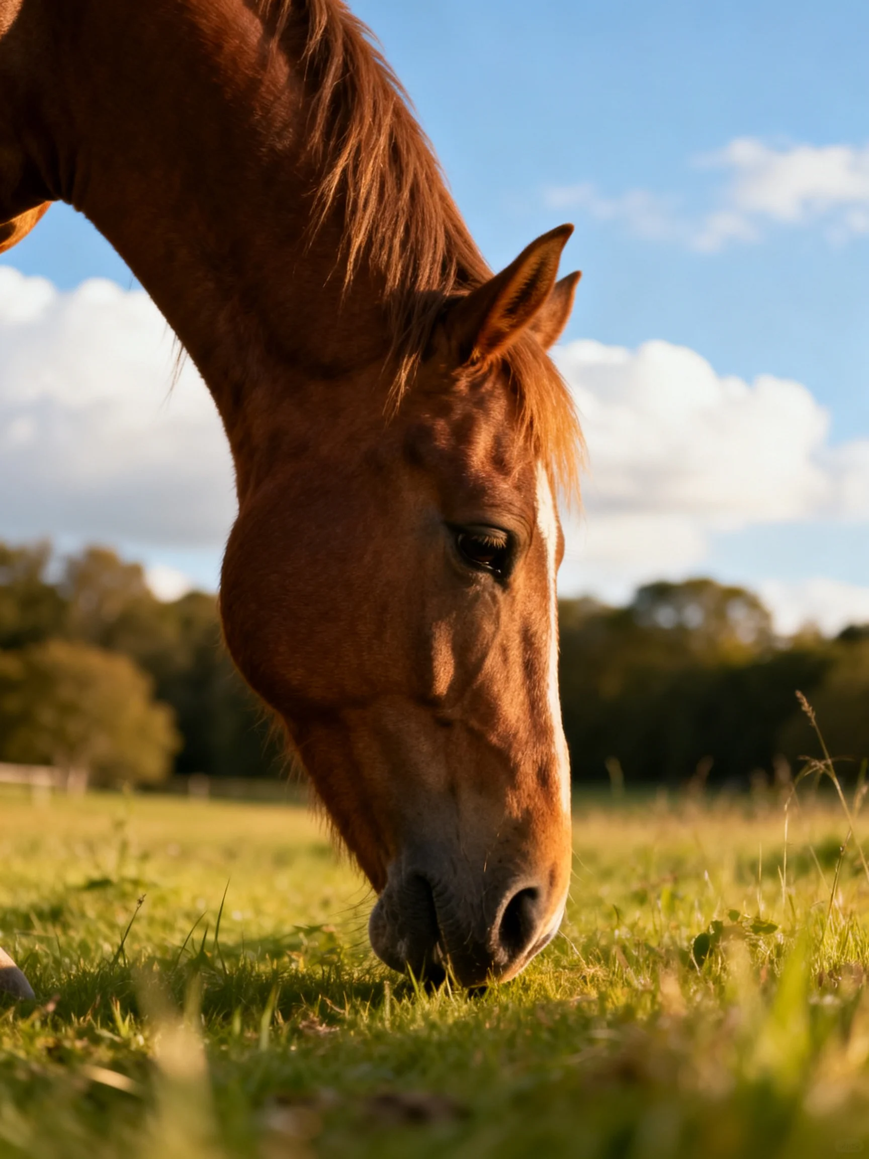 A chestnut horse grazes in a sunlit meadow.