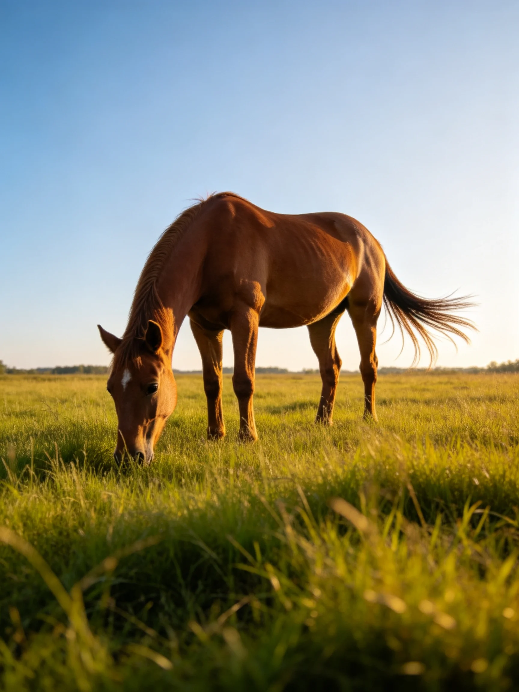 A chestnut horse grazes peacefully in a sunlit meadow.