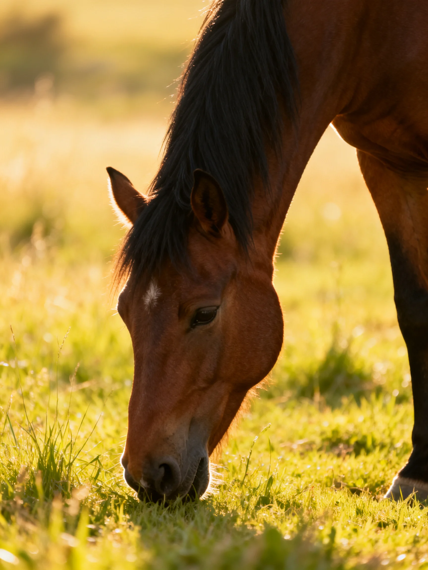A brown horse feeds on grass in a sunlit open field.