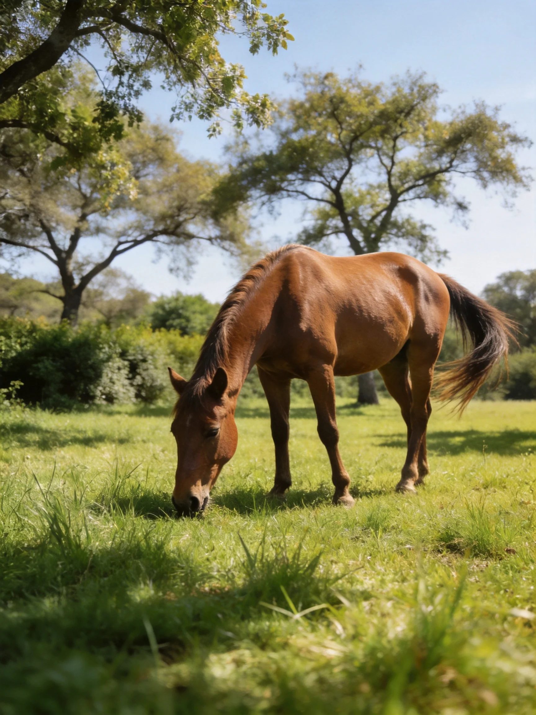 A chestnut horse grazes in a sunlit green meadow with tall trees
