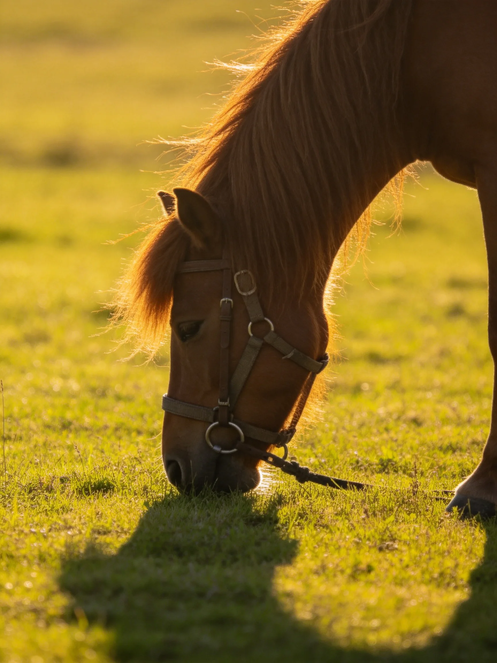 A brown horse grazes in a sunlit grassy field.