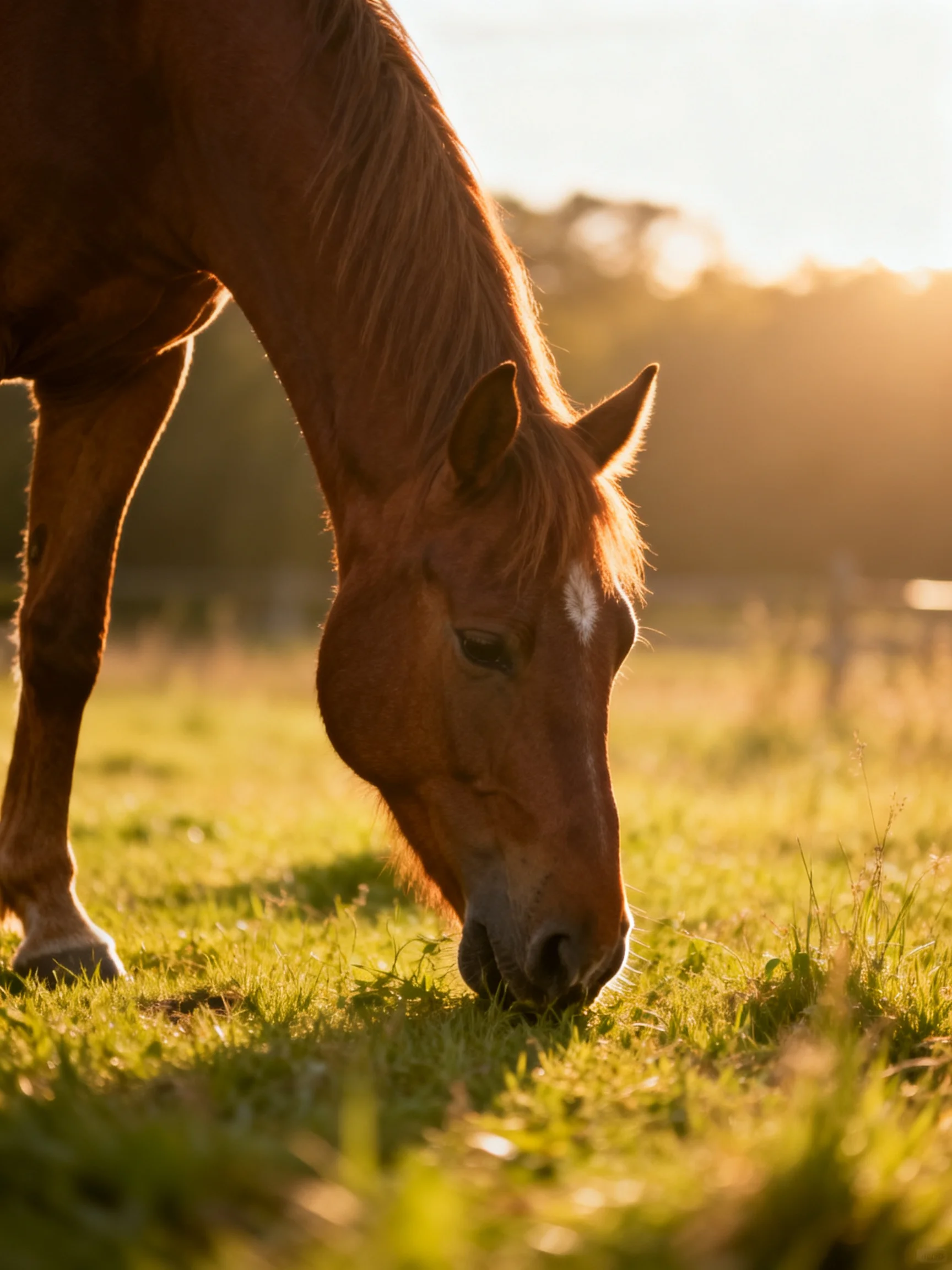 A chestnut horse grazes in a sunlit green pasture at sunset
