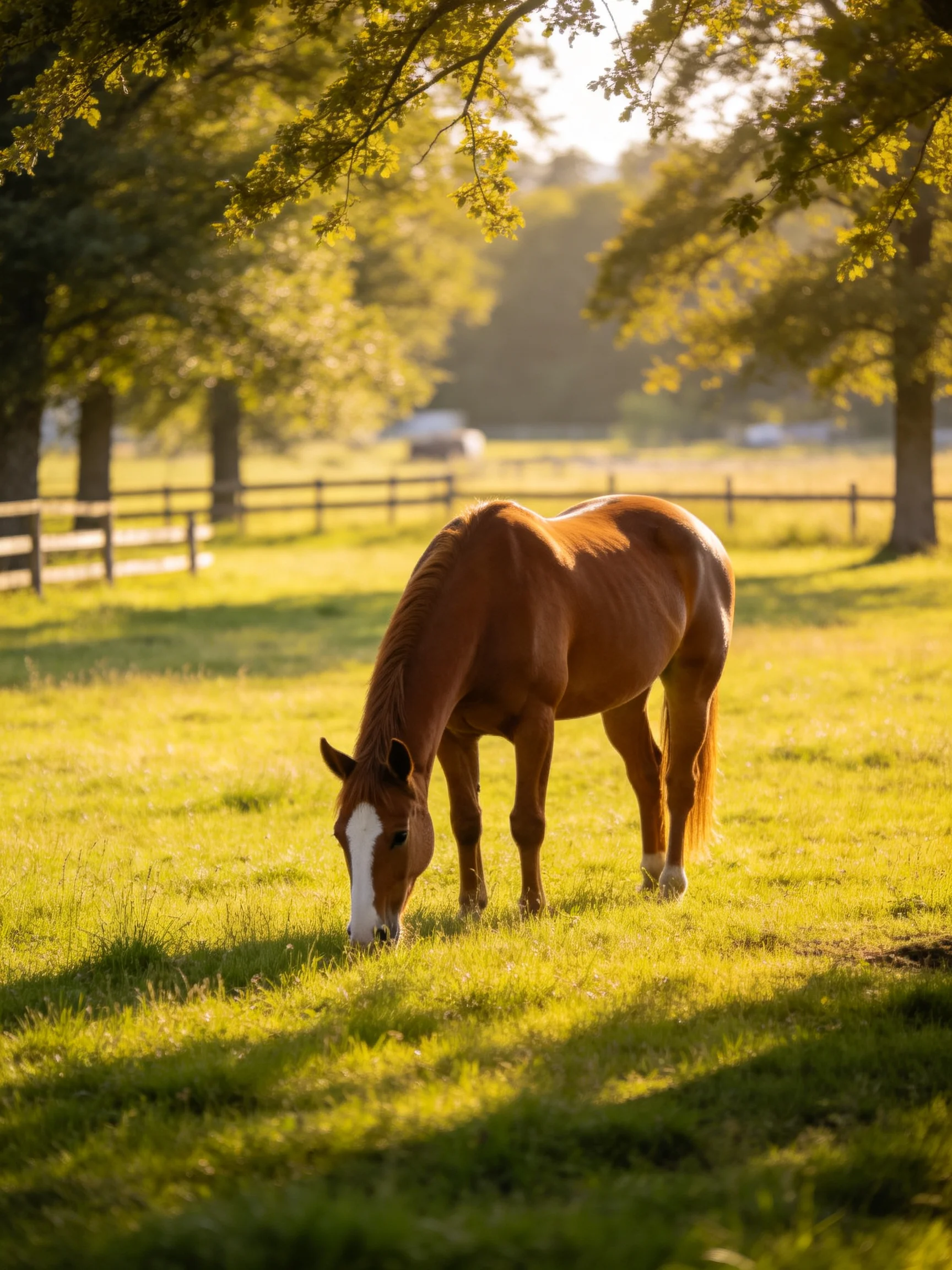 A chestnut horse grazes in a sunlit green pasture.