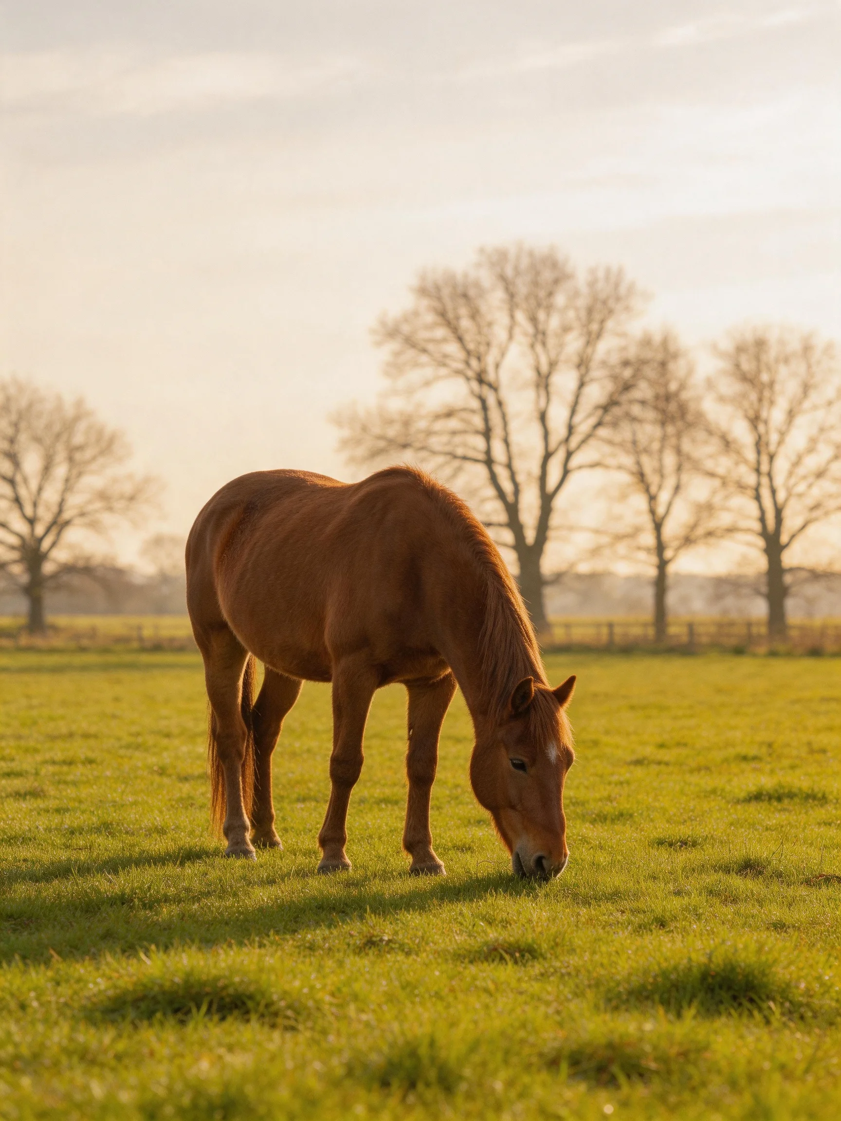 A chestnut horse grazes in a sunlit green pasture near bare trees.