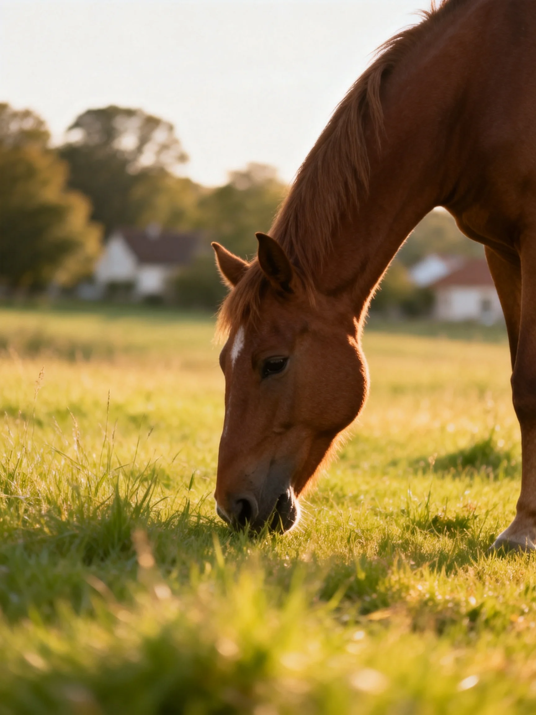 A chestnut horse grazes in a sunlit green pasture with distant homes