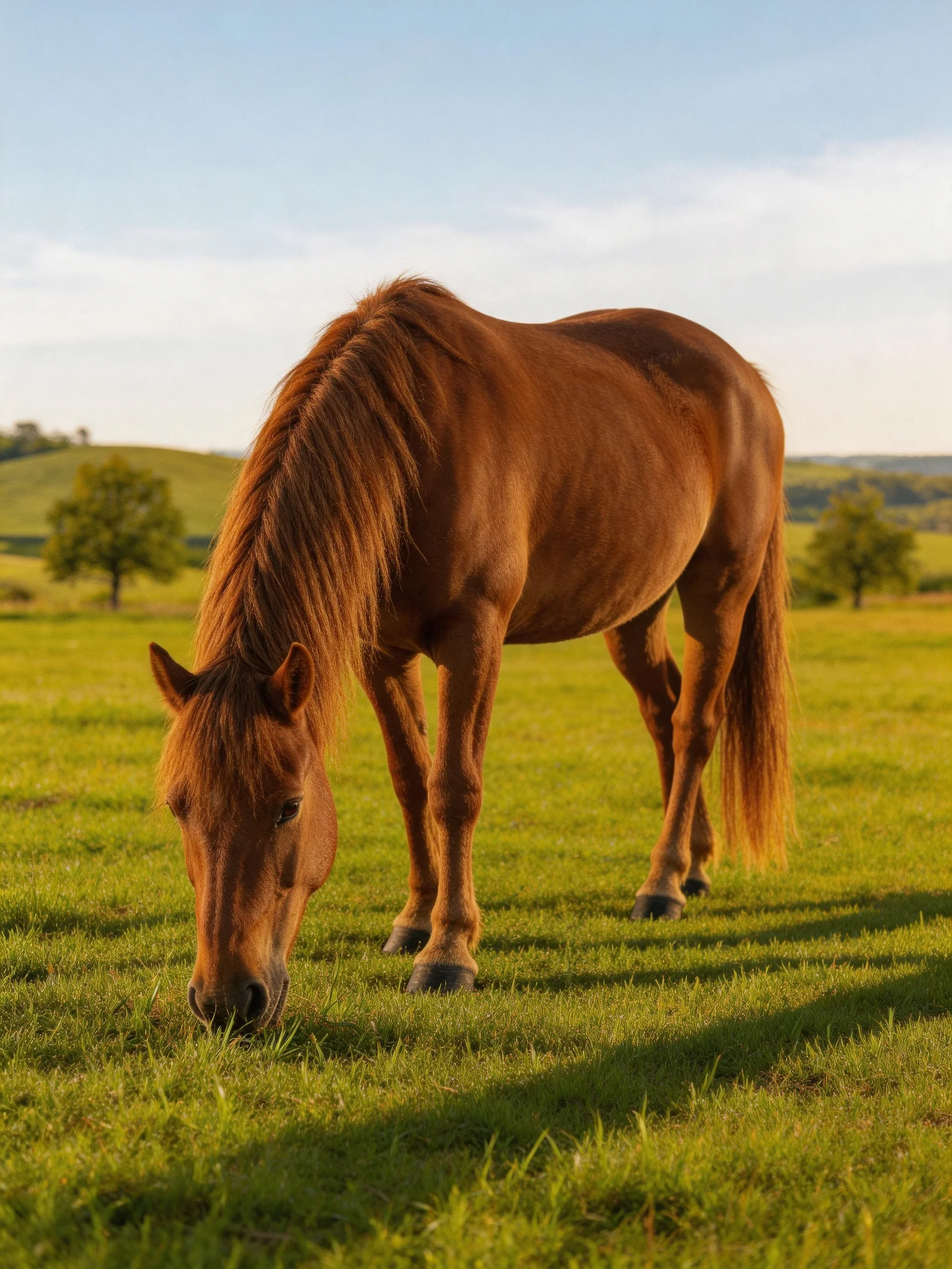 A brown horse grazes in a sunlit green meadow near rolling hills