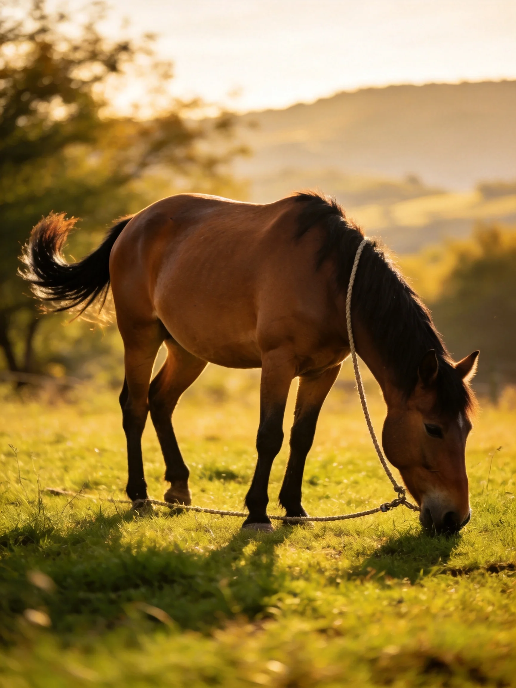 A chestnut horse grazes in a sunlit meadow with a rope halter