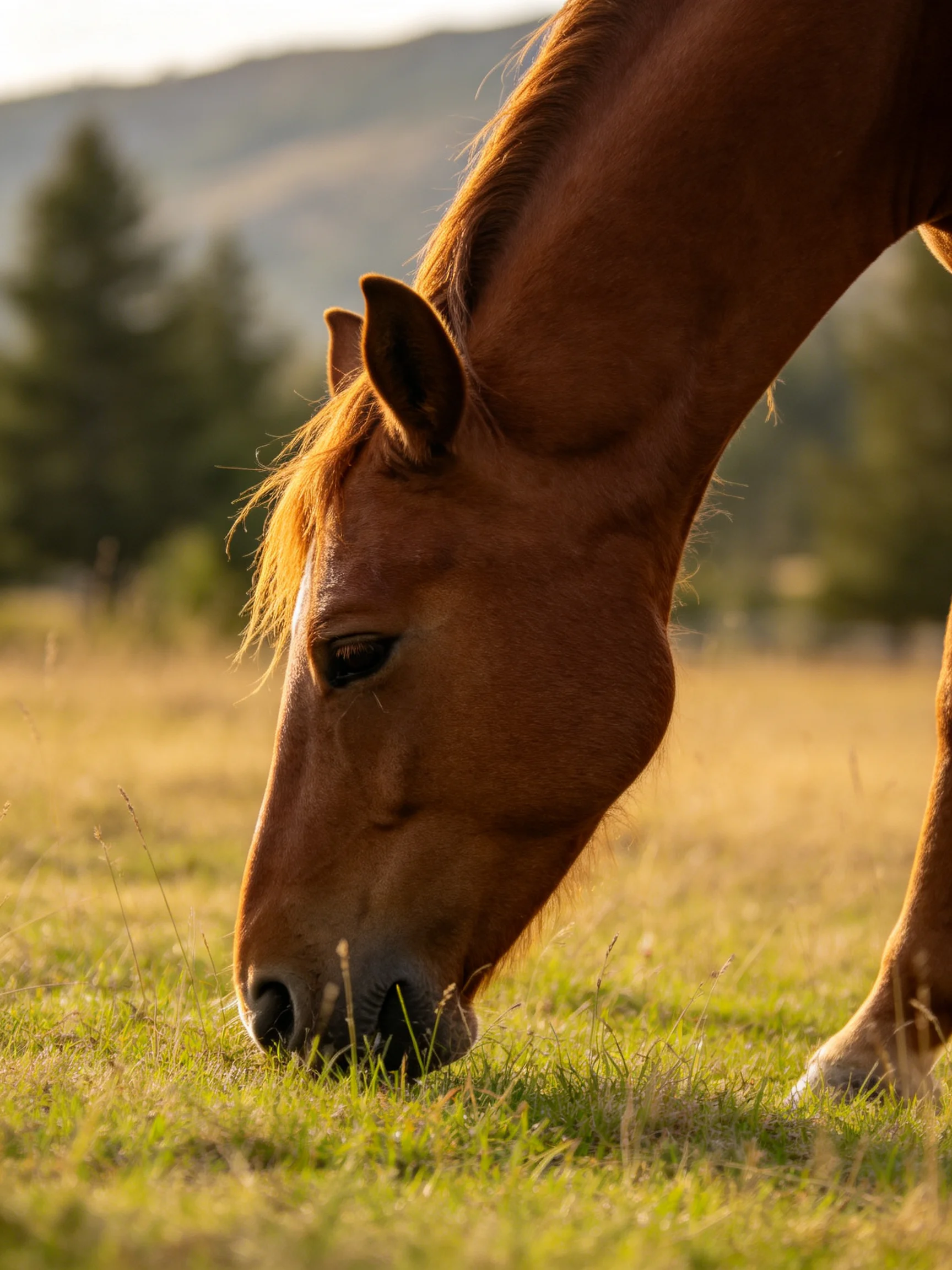 A chestnut horse grazes peacefully in a sunlit meadow.