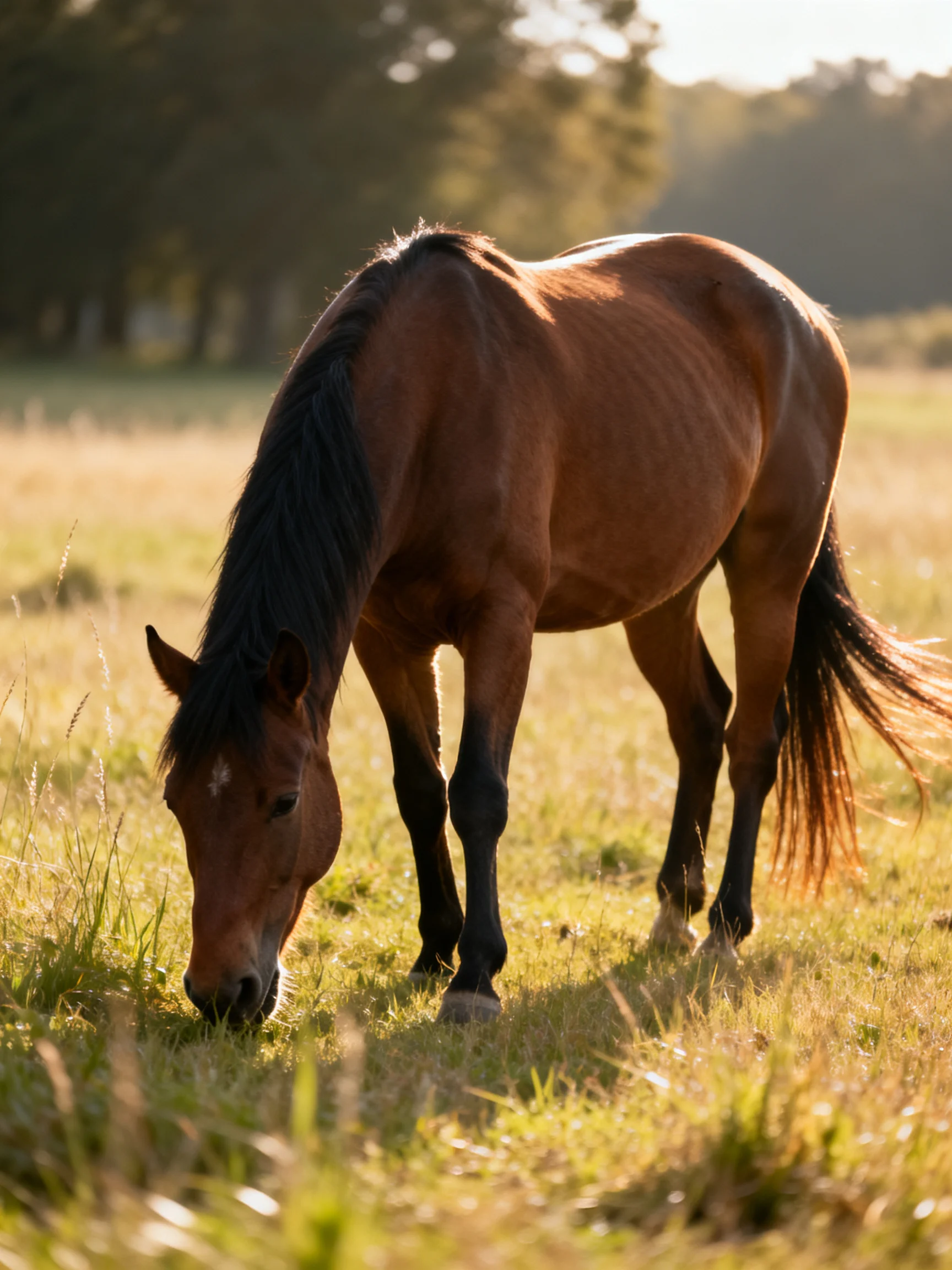 A chestnut horse grazes in a sunlit meadow with distant trees