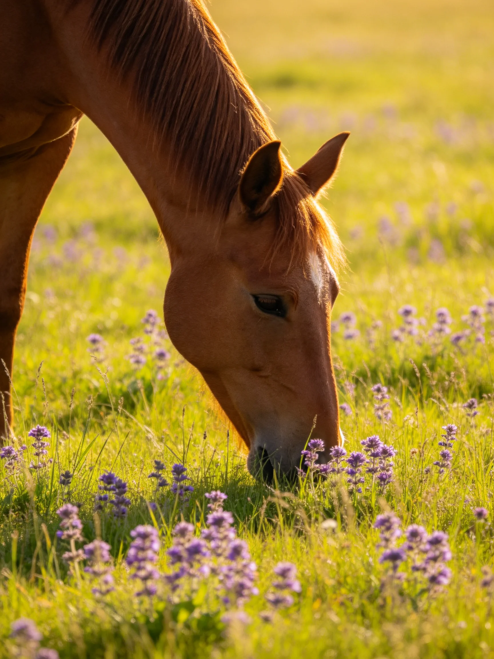A chestnut horse grazes among purple wildflowers in a sunlit meadow.