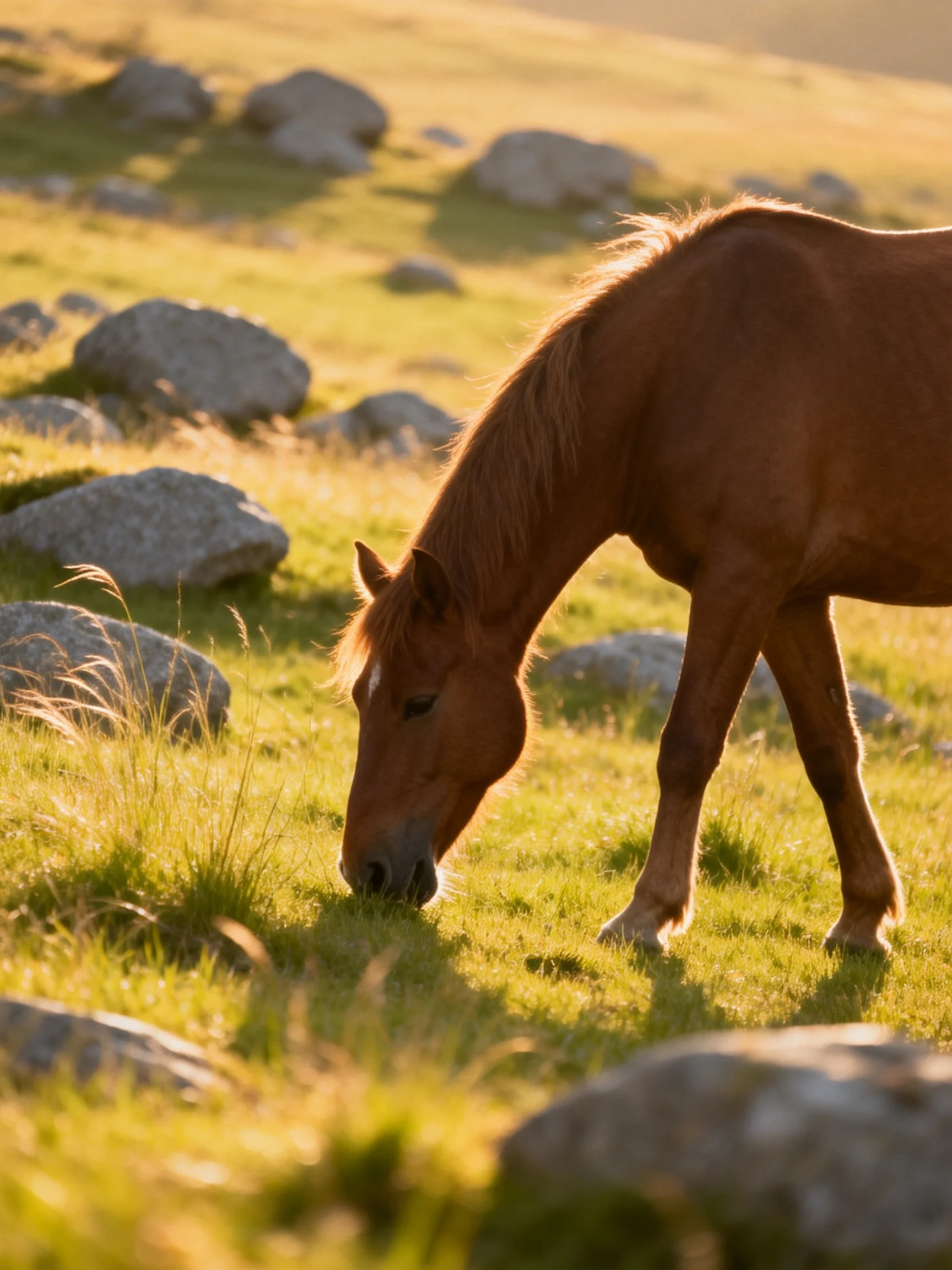A brown horse feeds near rocks in a sunlit meadow.