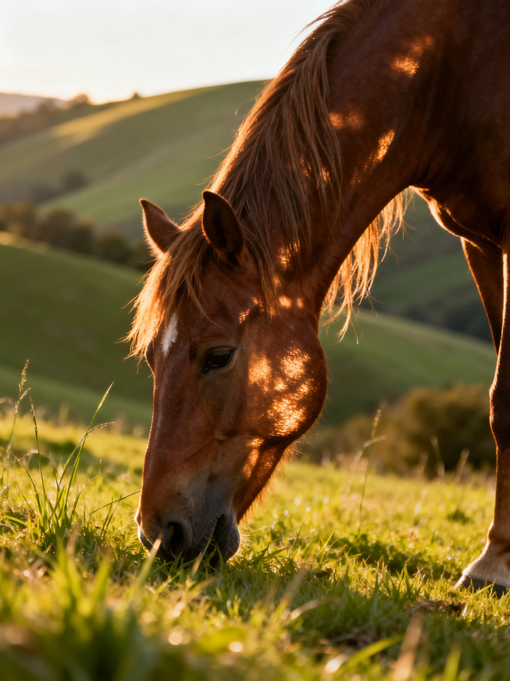 A chestnut horse grazes in a sunlit rolling green meadow