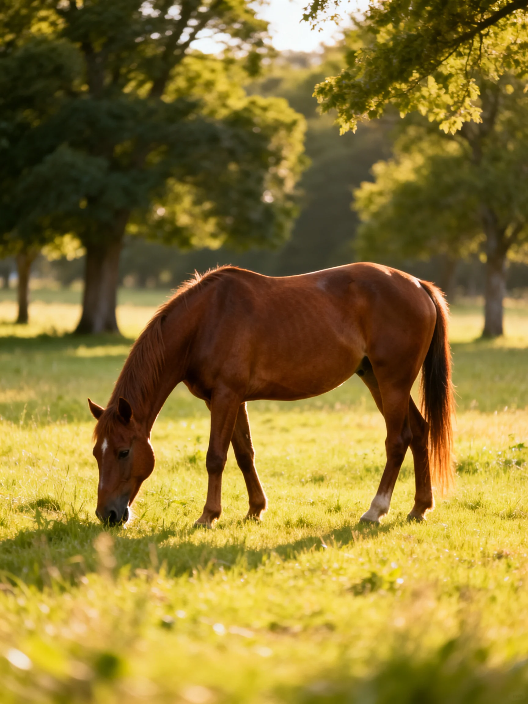 A chestnut horse grazes in a sunlit, tree-filled meadow