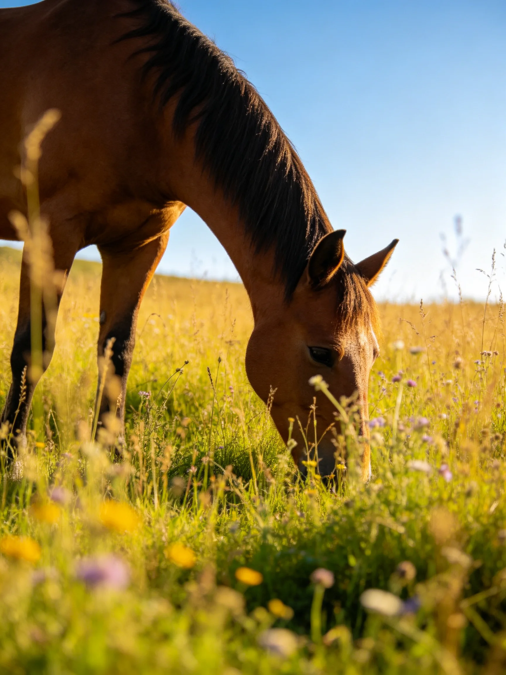 A horse grazes among tall grass and wildflowers in a sunlit open field.