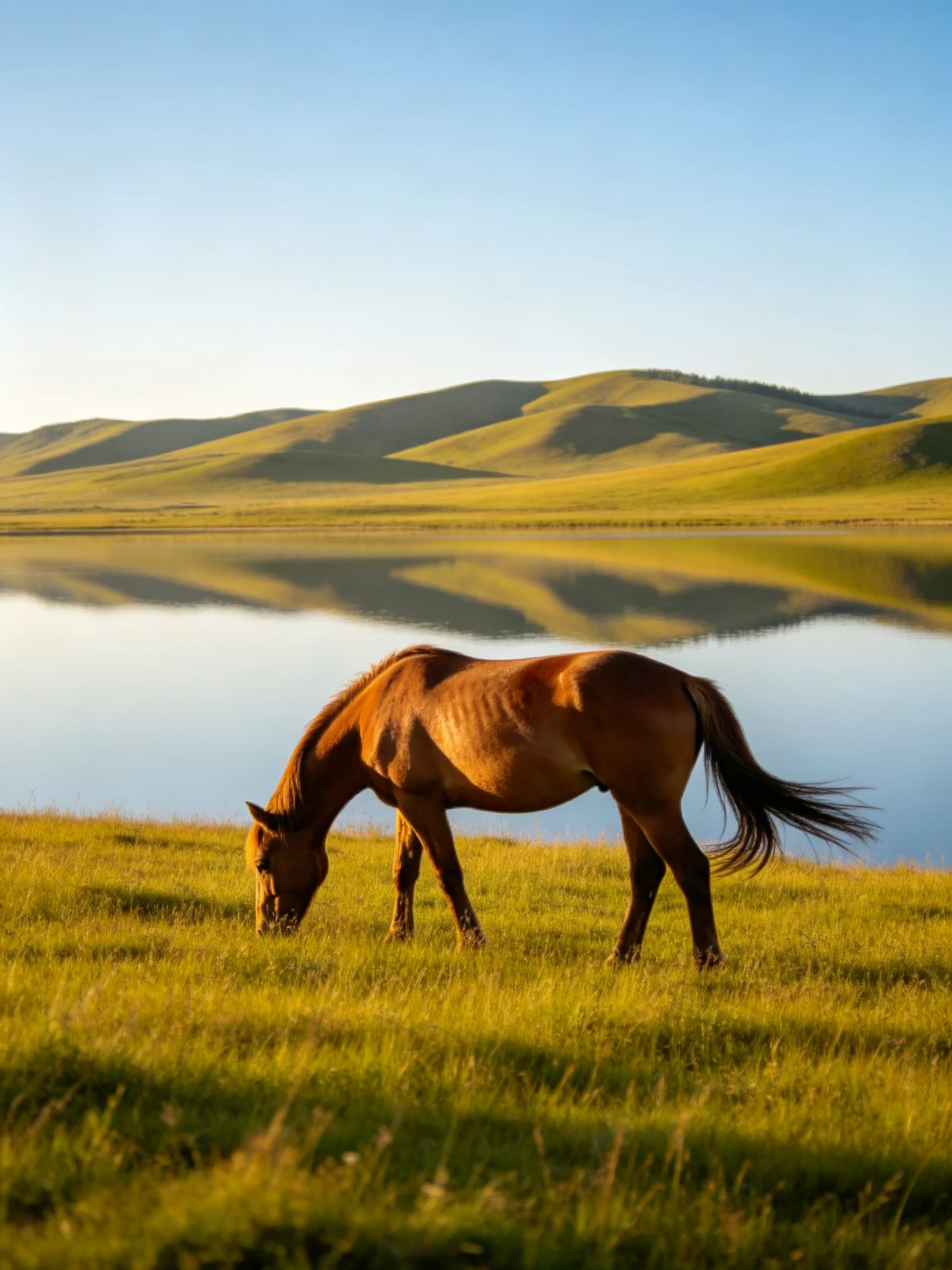 A horse grazes in a grassy field next to a calm lake with rolling hills.