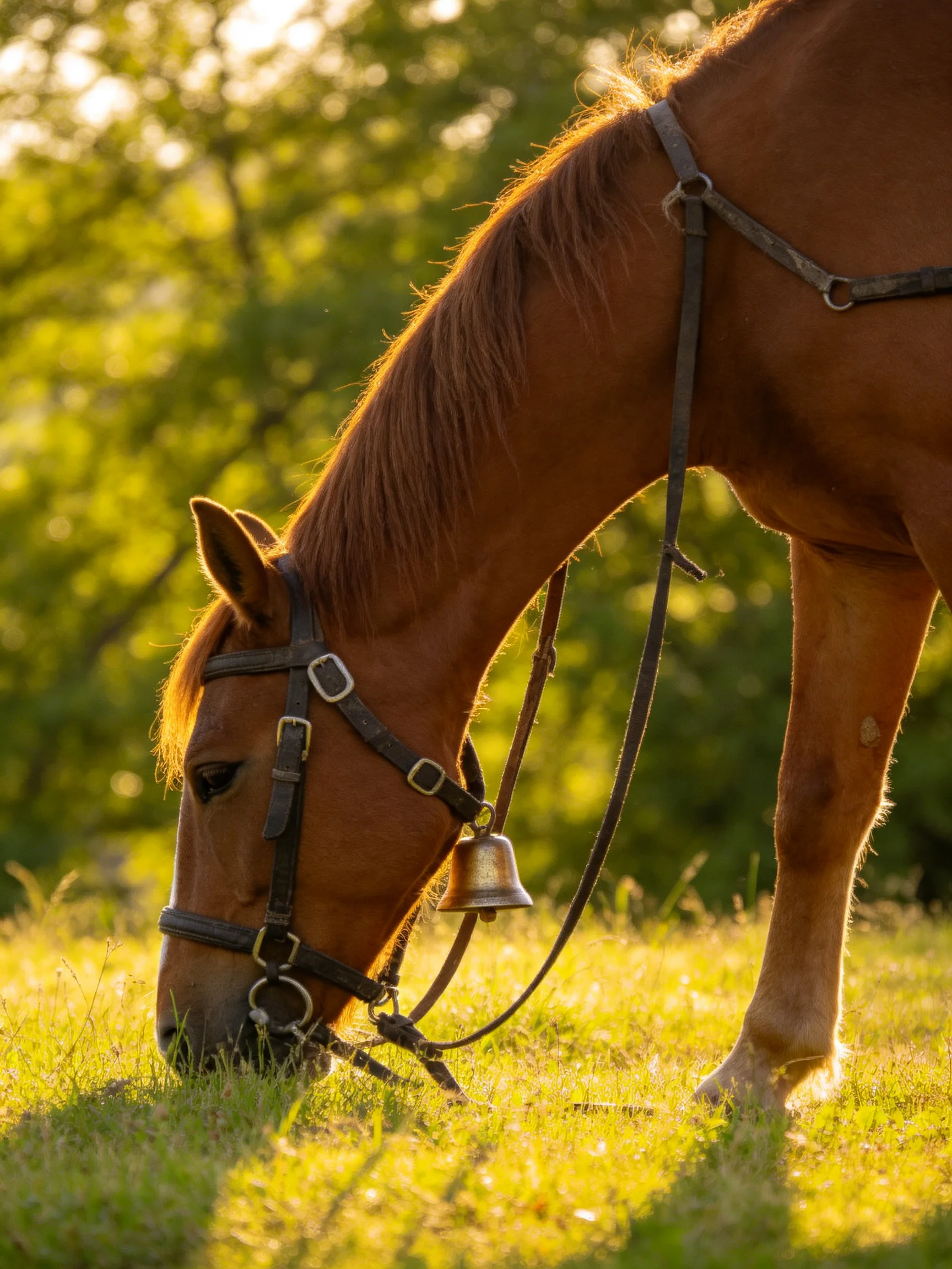 A chestnut horse grazes in a sunlit meadow.