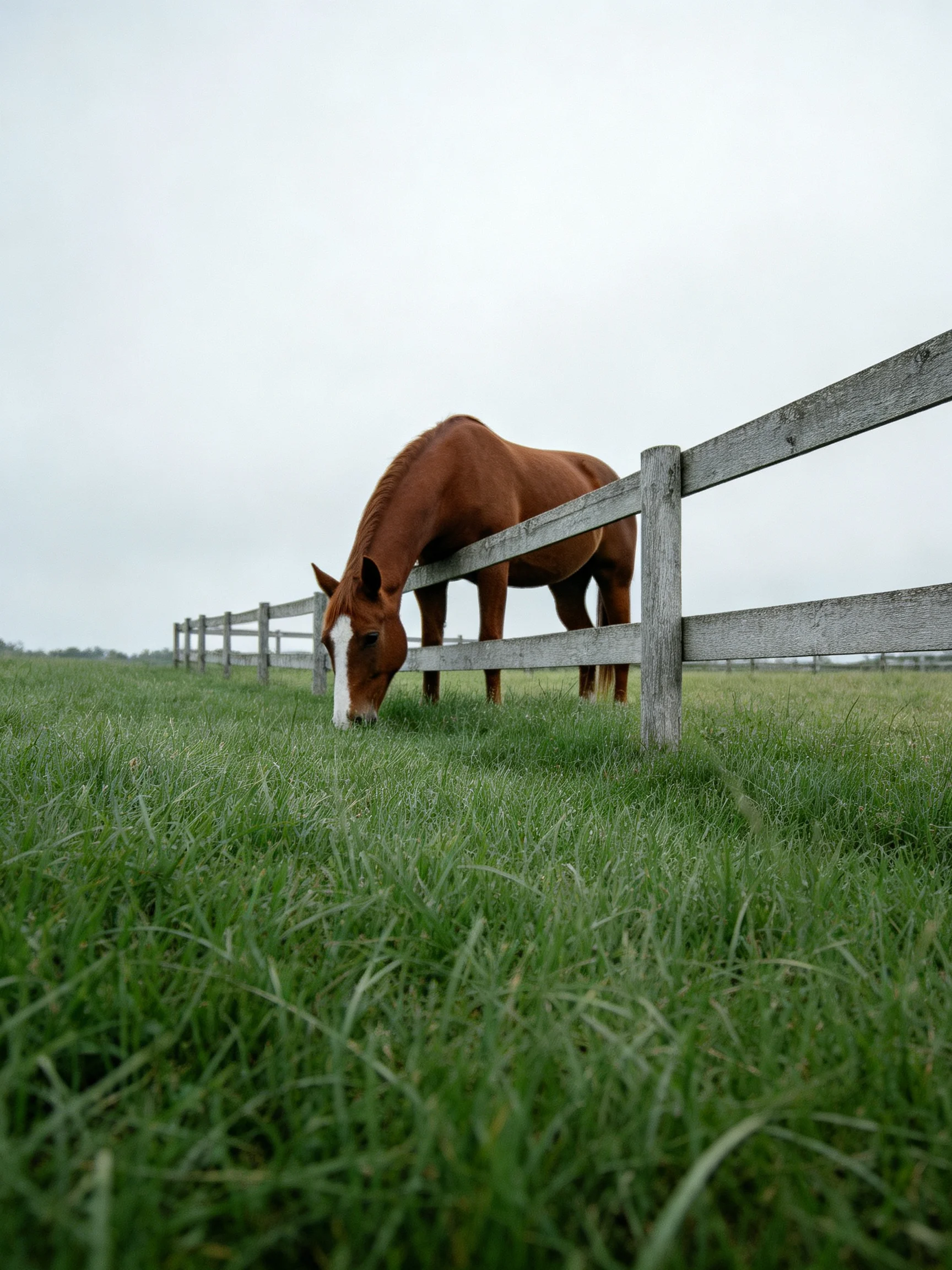 A chestnut horse grazes near a weathered wooden fence in lush green pasture