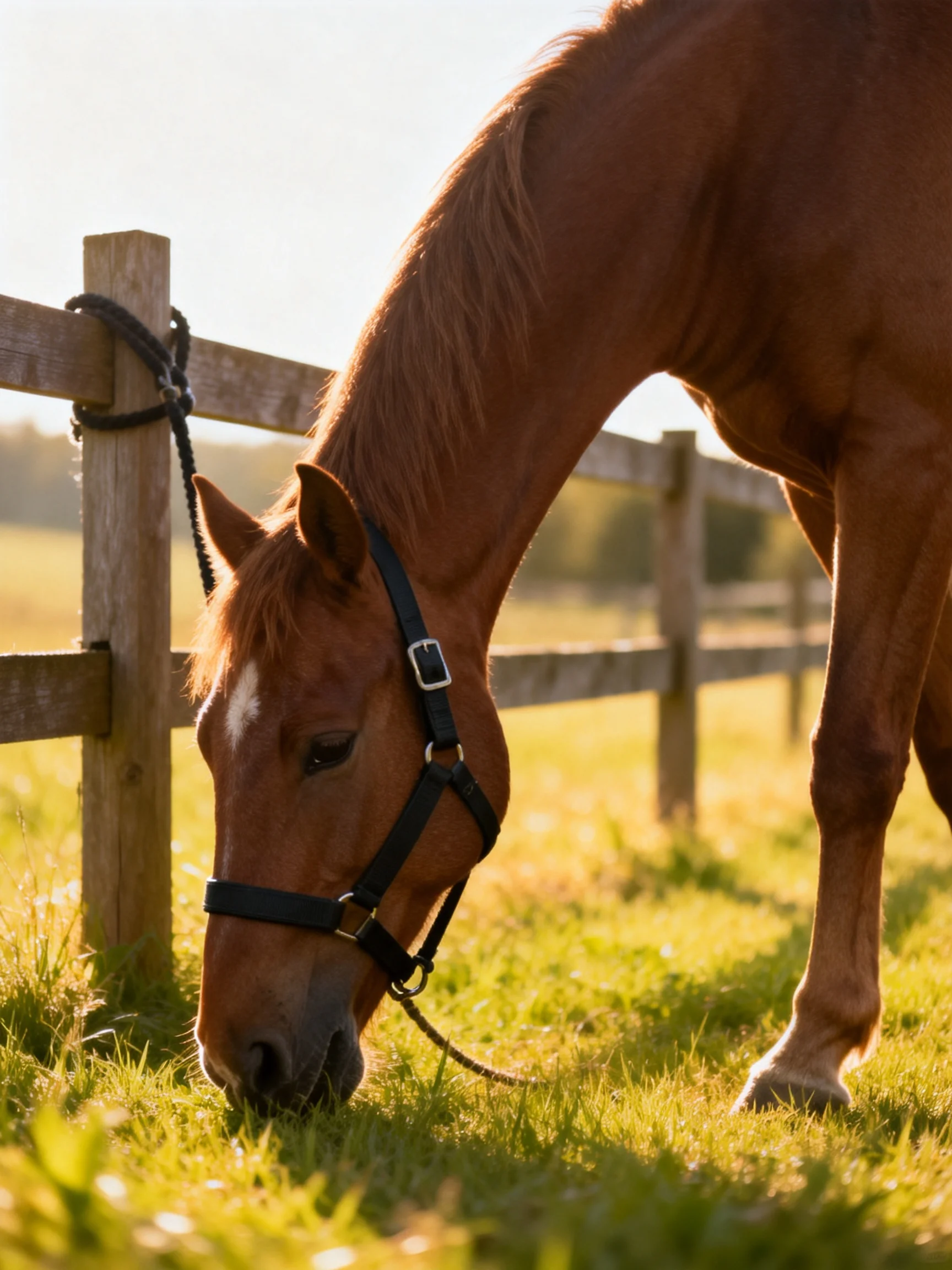 A chestnut horse grazes near a wooden fence in golden sunlight
