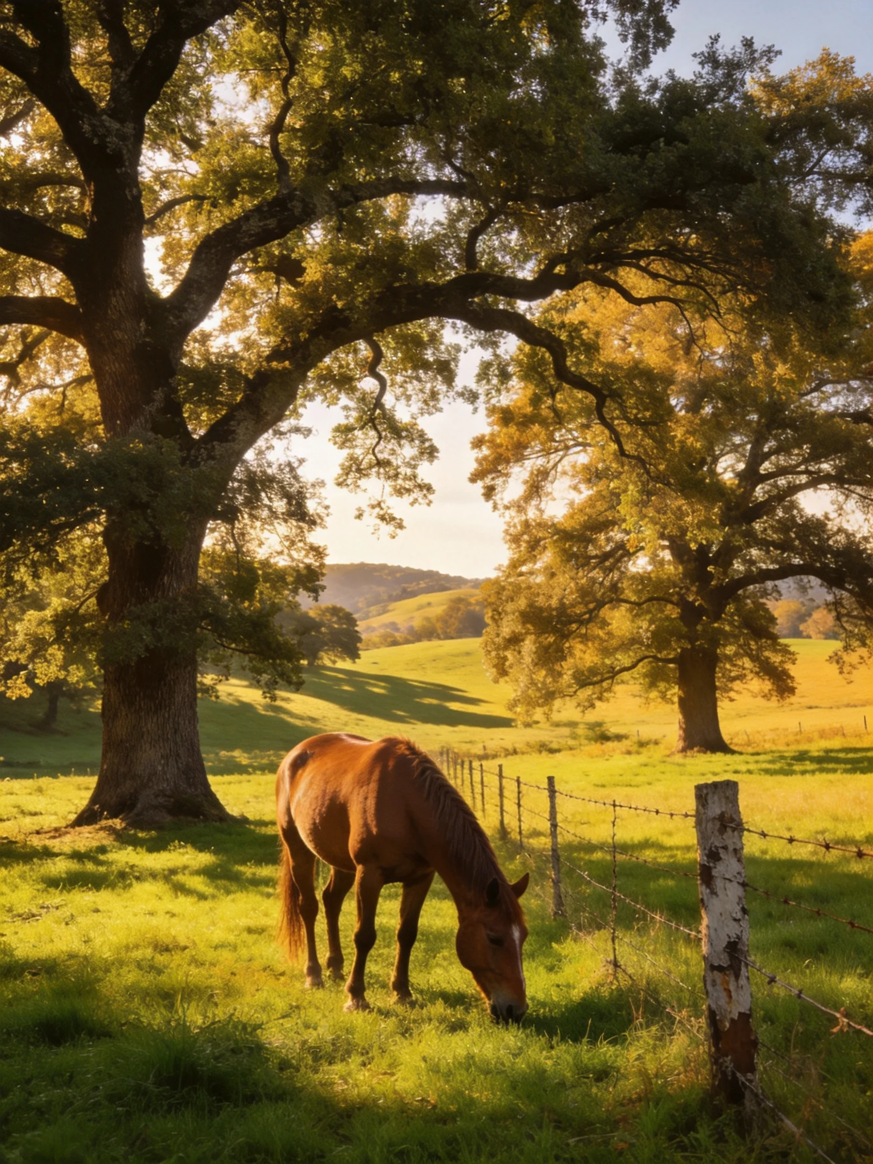 A chestnut horse grazes near ancient oak trees in a golden meadow