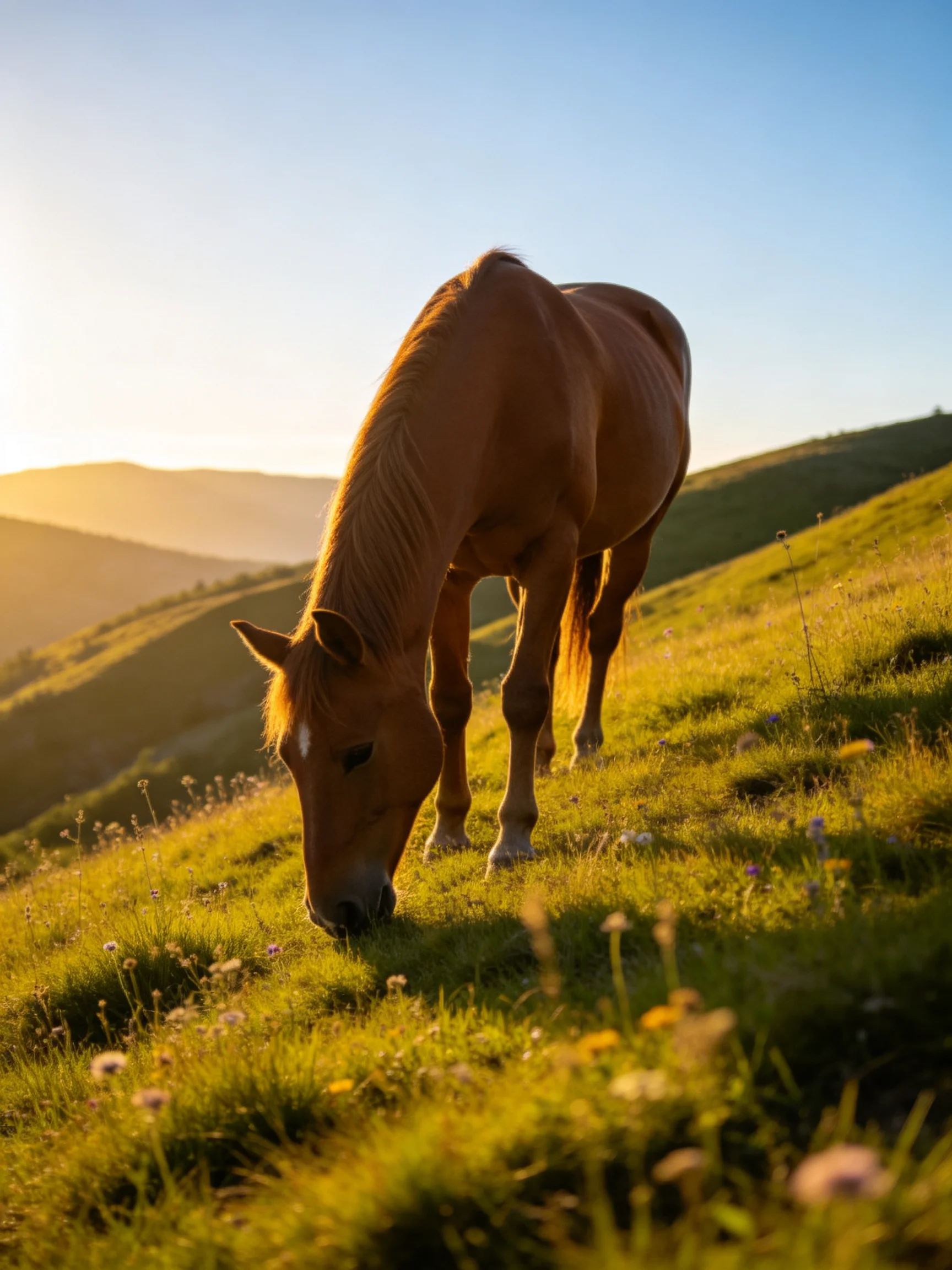 A chestnut horse grazes on a sun-drenched green hillside