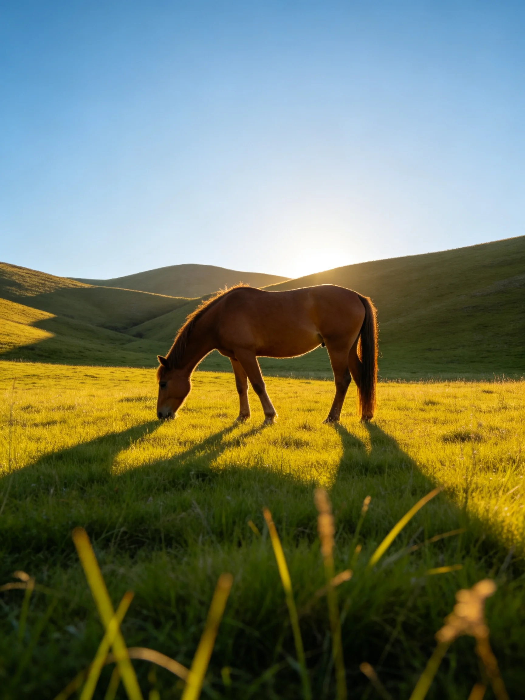A chestnut horse grazes in a sunlit meadow with rolling green hills