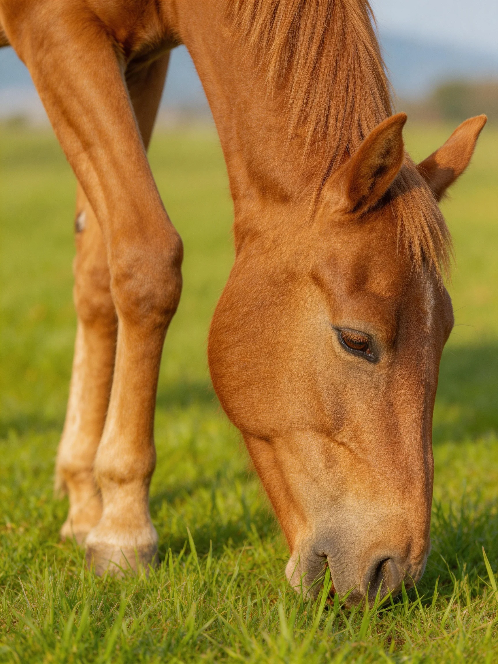 A chestnut horse grazes peacefully in a sunlit meadow.