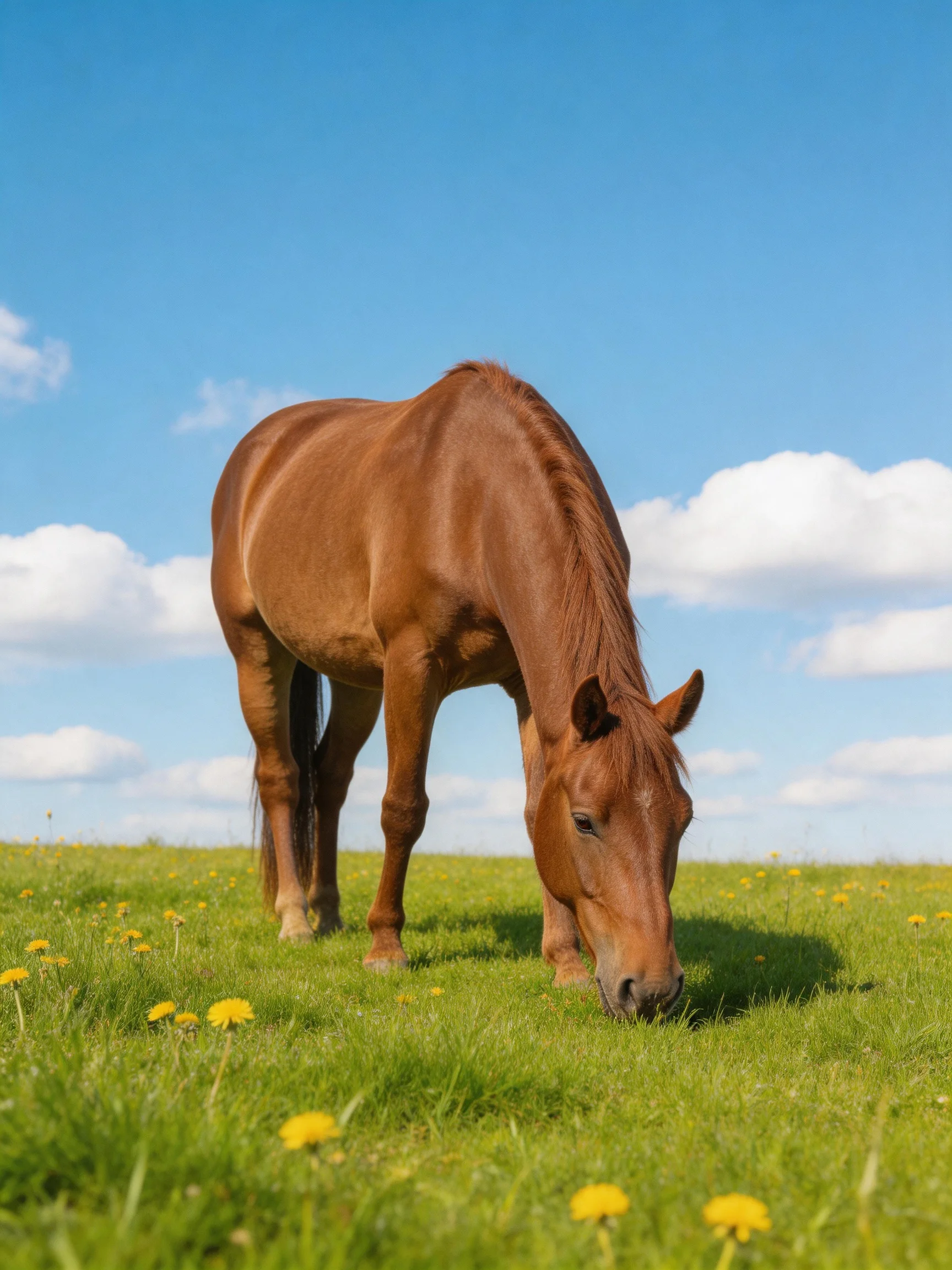 A chestnut horse grazes in a sunny meadow with yellow wildflowers.