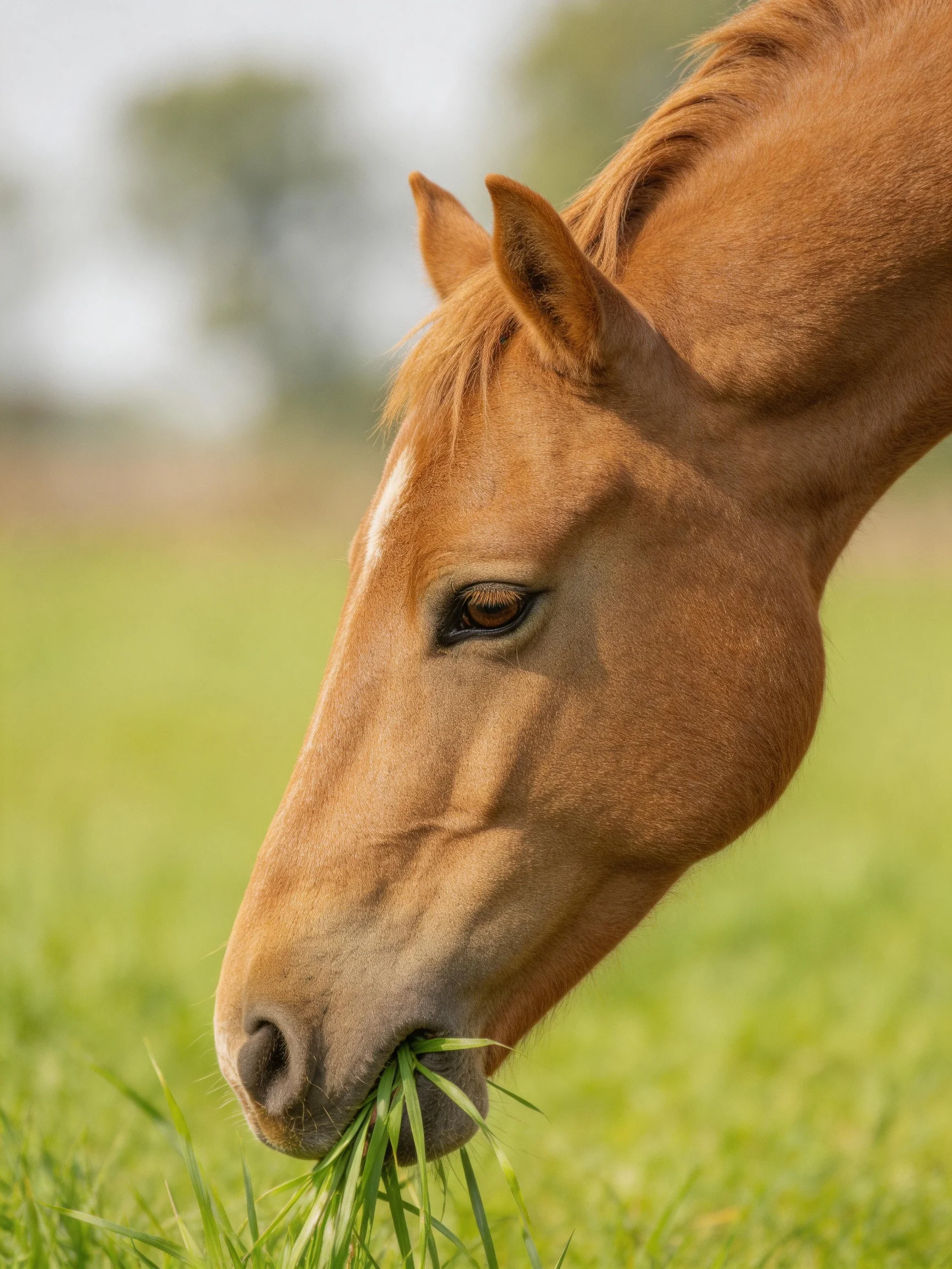 A chestnut horse eats grass in a sunlit meadow.