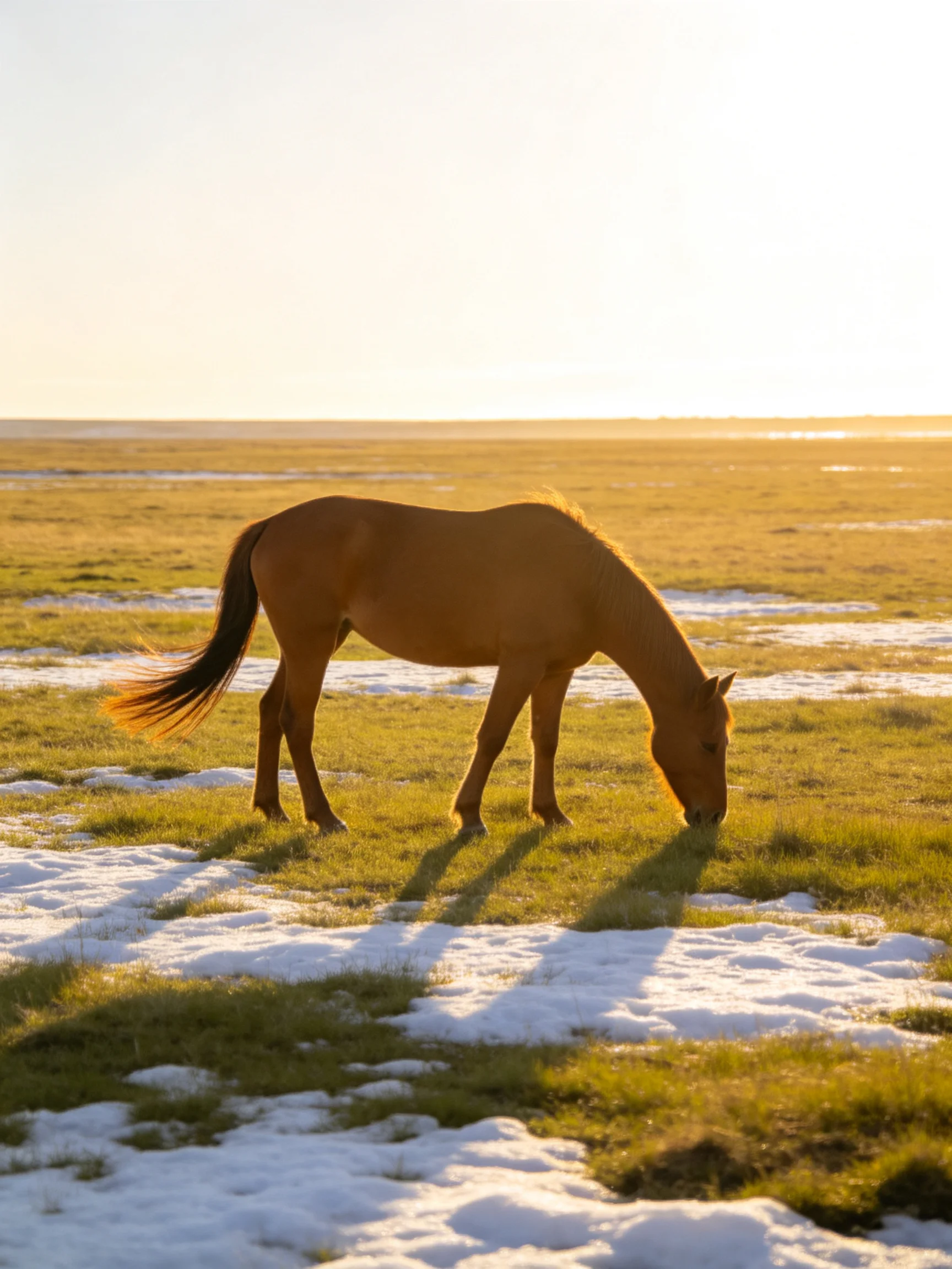 A chestnut horse grazes on a snow-dotted field under golden sunlight.