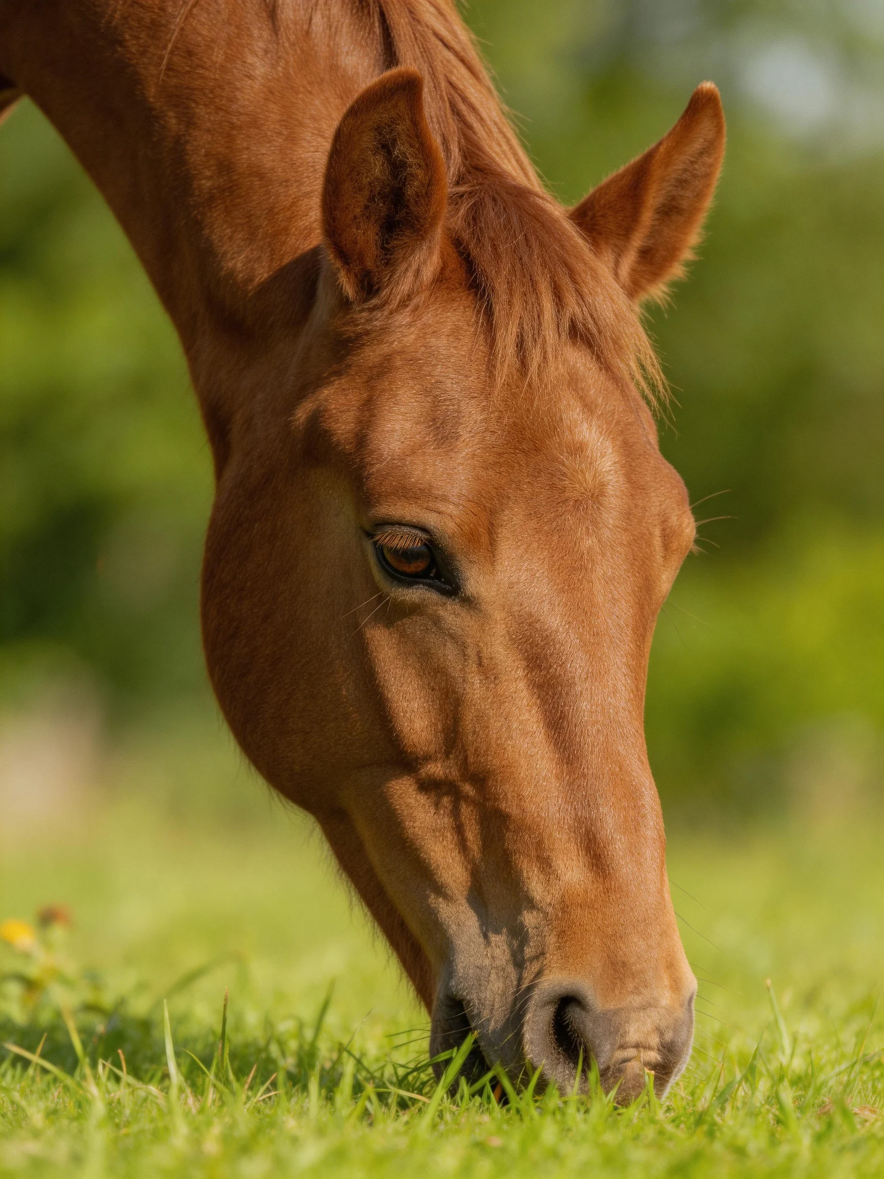 A chestnut horse grazes serenely in a sunlit meadow.