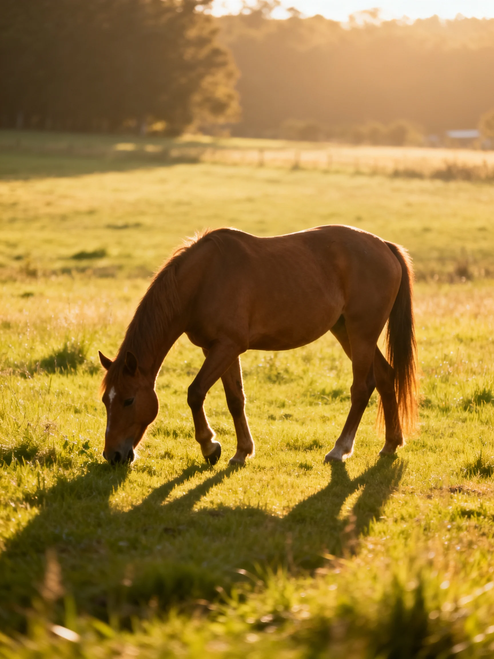 A chestnut horse grazes in a sunlit open field.