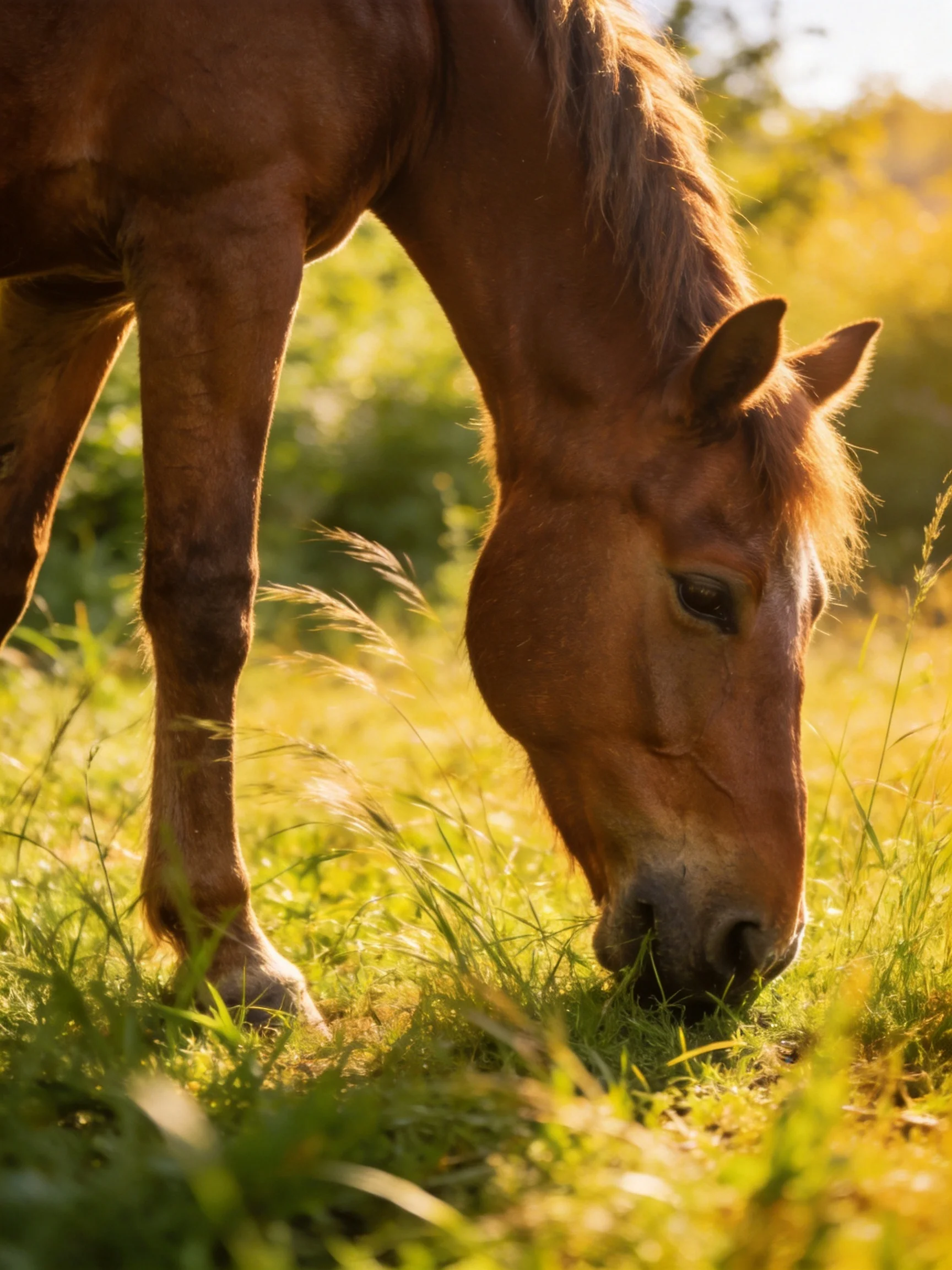 A chestnut horse grazing in a sunlit green pasture