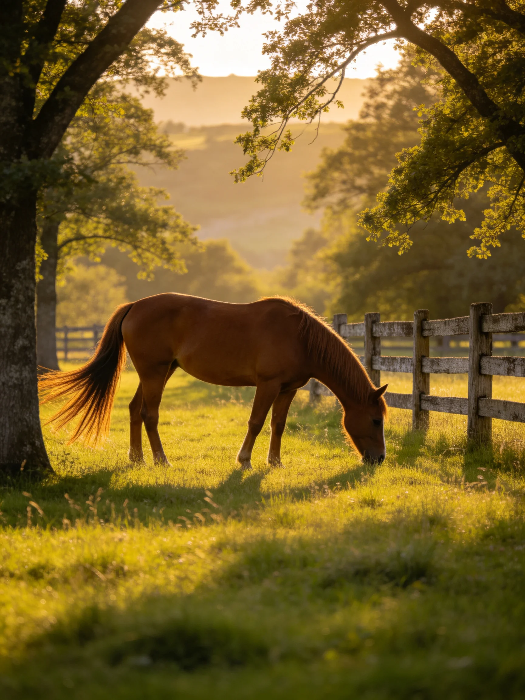 A chestnut horse grazes in a sunlit pastoral landscape.