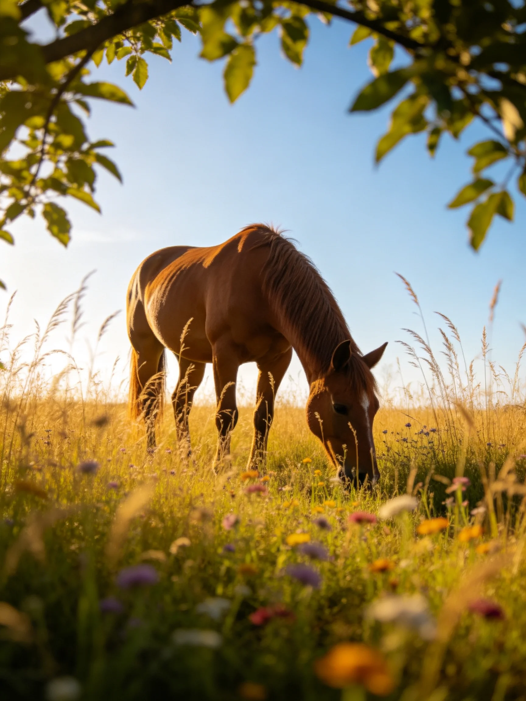 A brown horse grazes in a sunlit meadow with tall grass and colorful blooms.